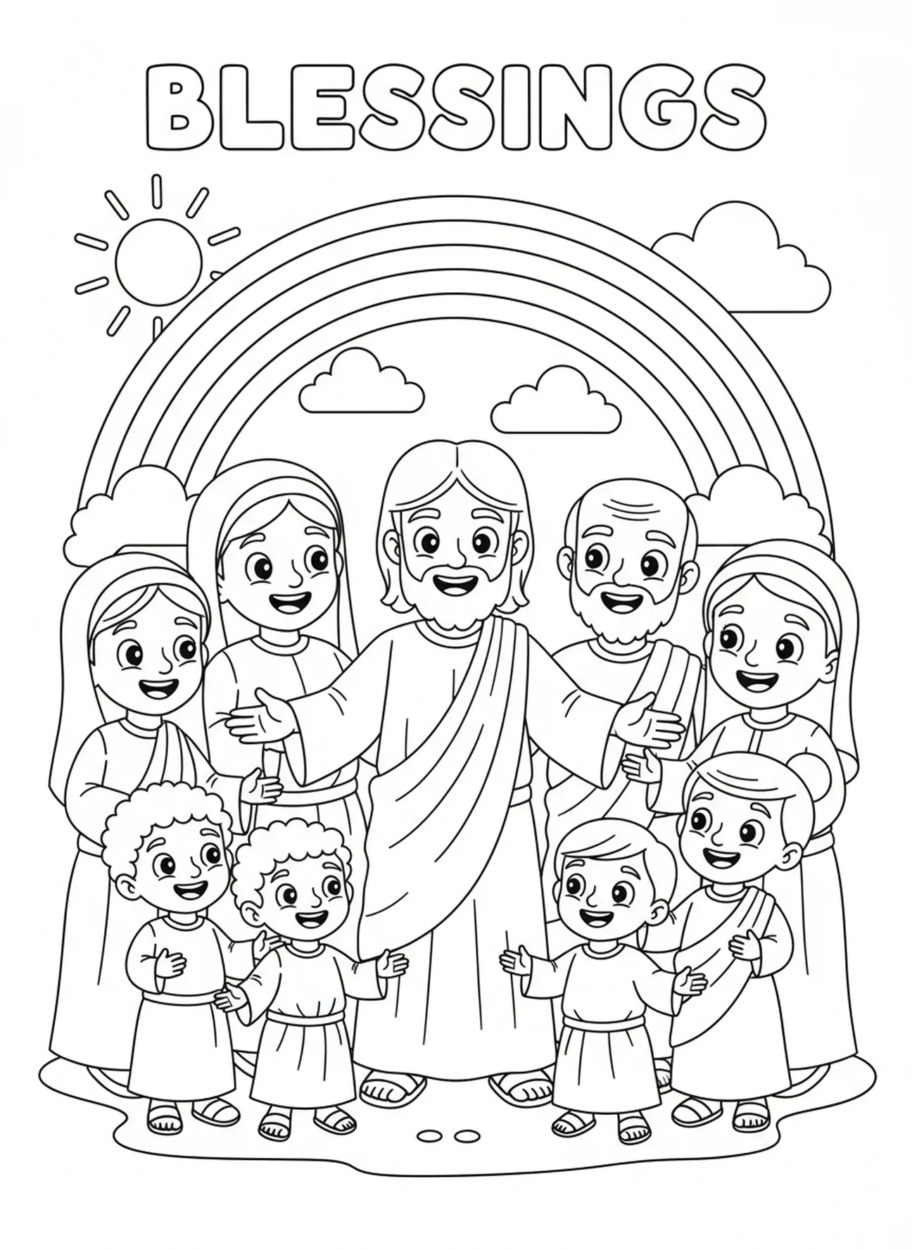 Menschen empfangen Segnungen von Jesus, Ausmalbild Seligpreisung der Armen im Geiste für Kinder im Alter von 5-10 Jahren.