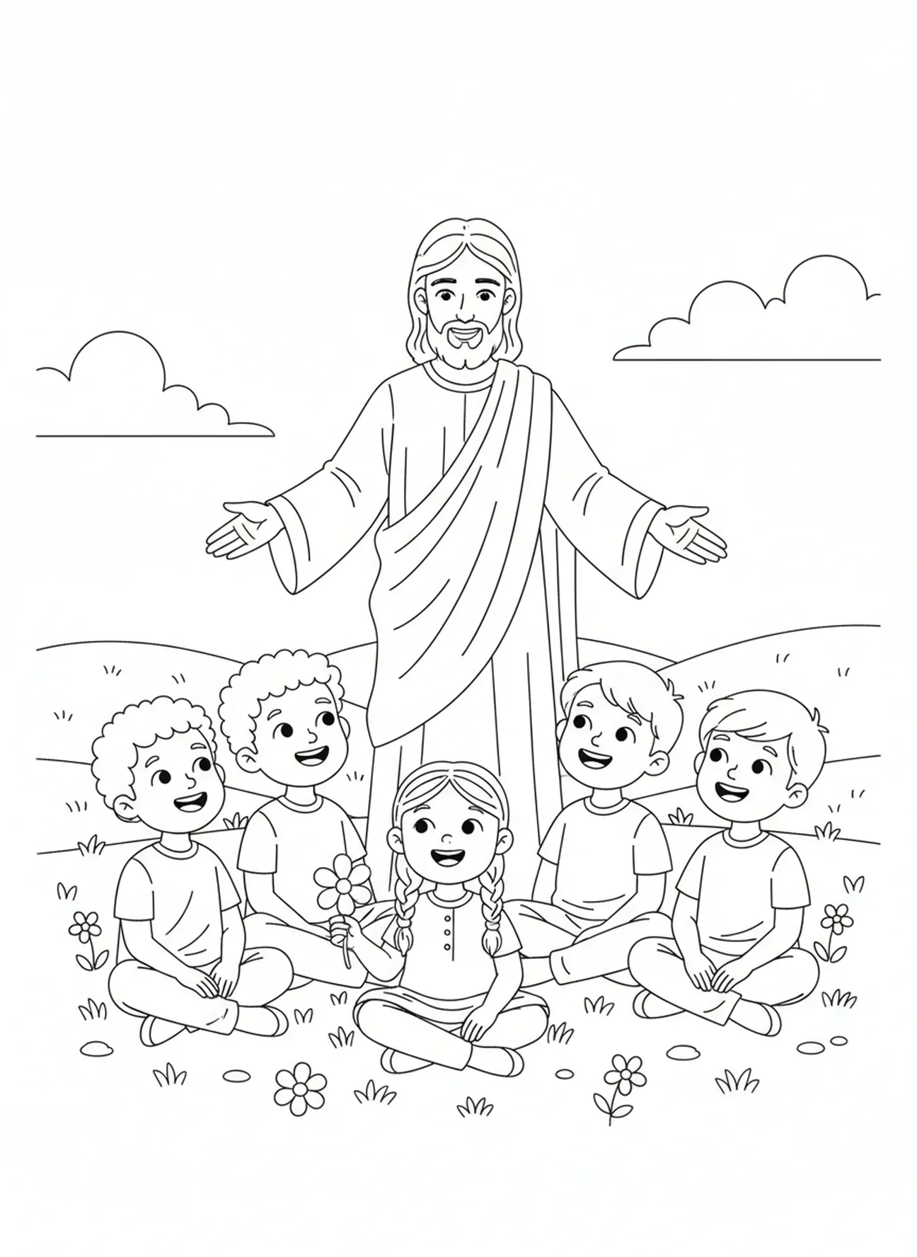 Fröhliche Kinder hören Jesus zu, Ausmalbild Selig sind die, die im Geist arm sind für Kinder im Alter von 5-10 Jahren.