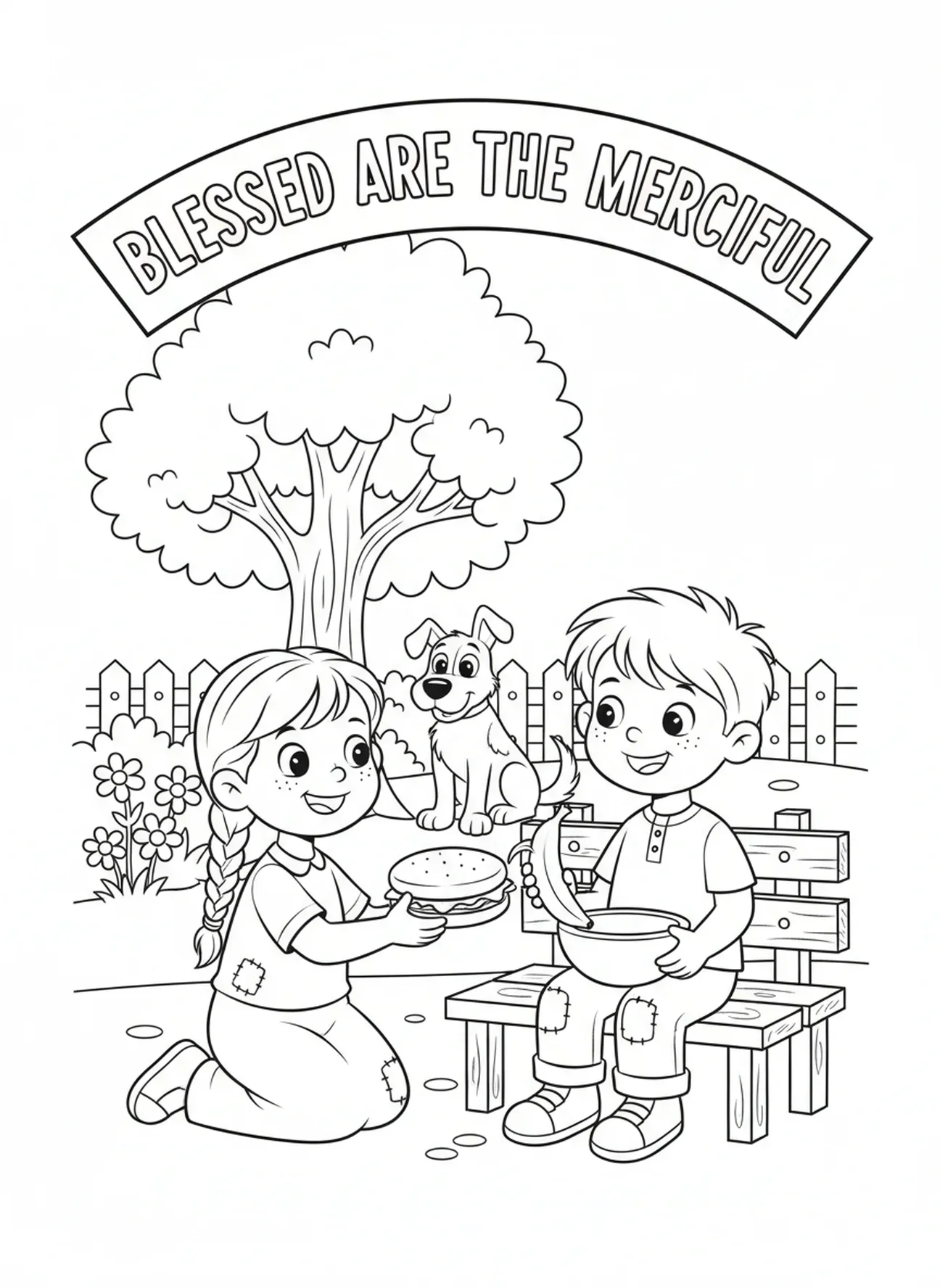 Enfant bienveillant partageant de la nourriture, page à colorier des Béatitudes pour les enfants de 5 à 10 ans.