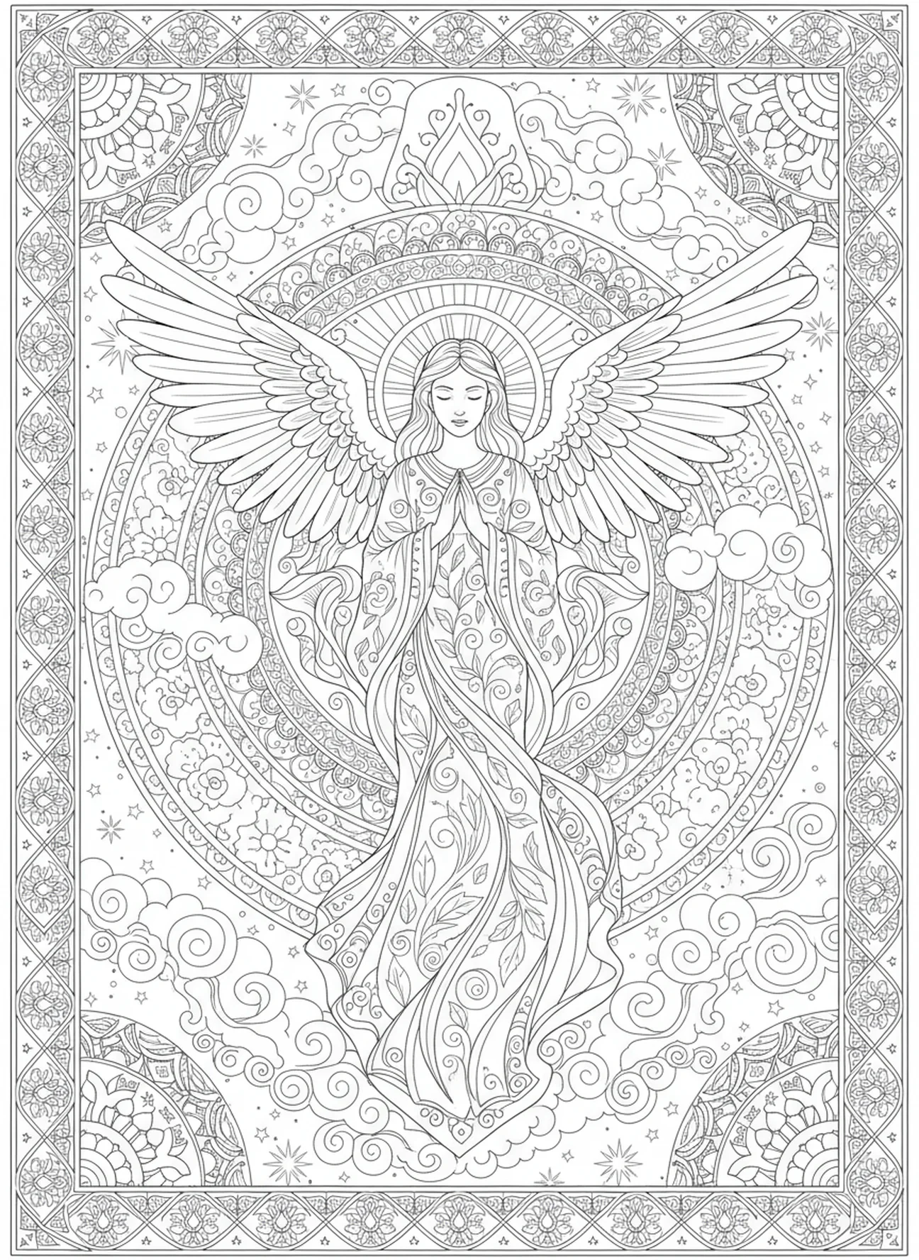 Ange aux ailes déployées, Matthieu 5:10 Page à colorier pour adultes sur les persécutés, style journal biblique.