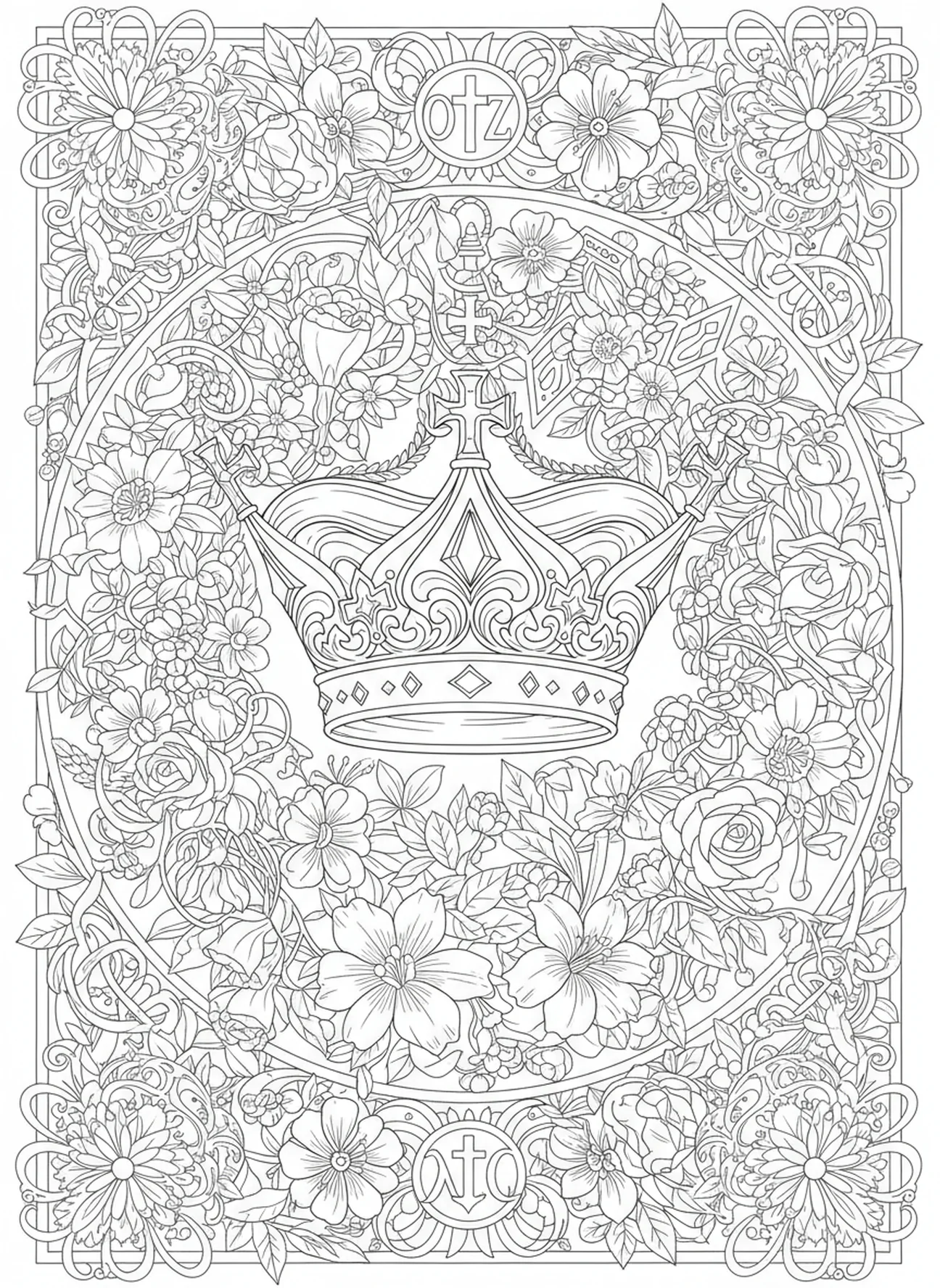Couronne ornée entourée de vignes, Matthieu 5:10 page à colorier pour adultes dans un style de journal biblique.