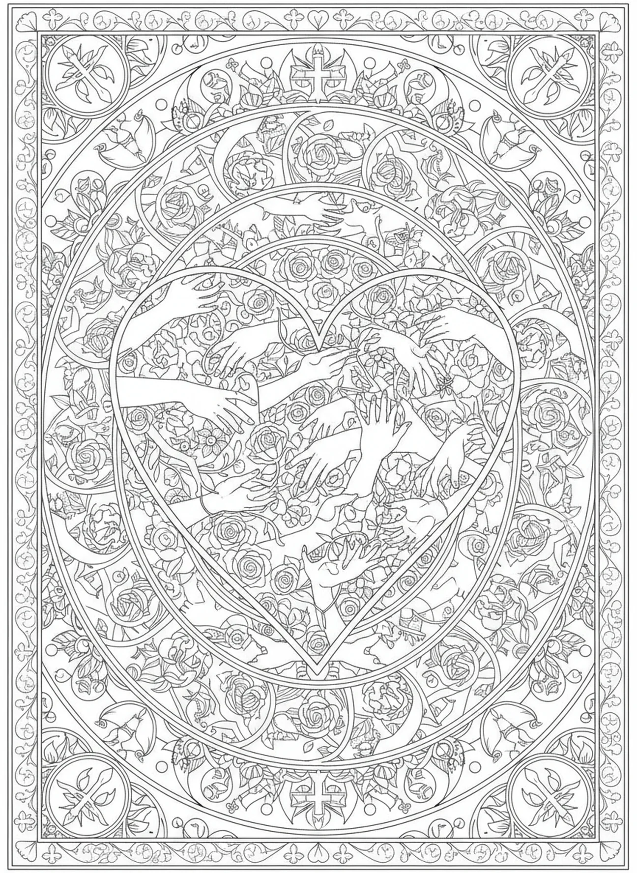 Grand cœur rempli de mains et de fleurs, Matthieu 5:10 Page à colorier pour adultes dans le style du journal biblique.