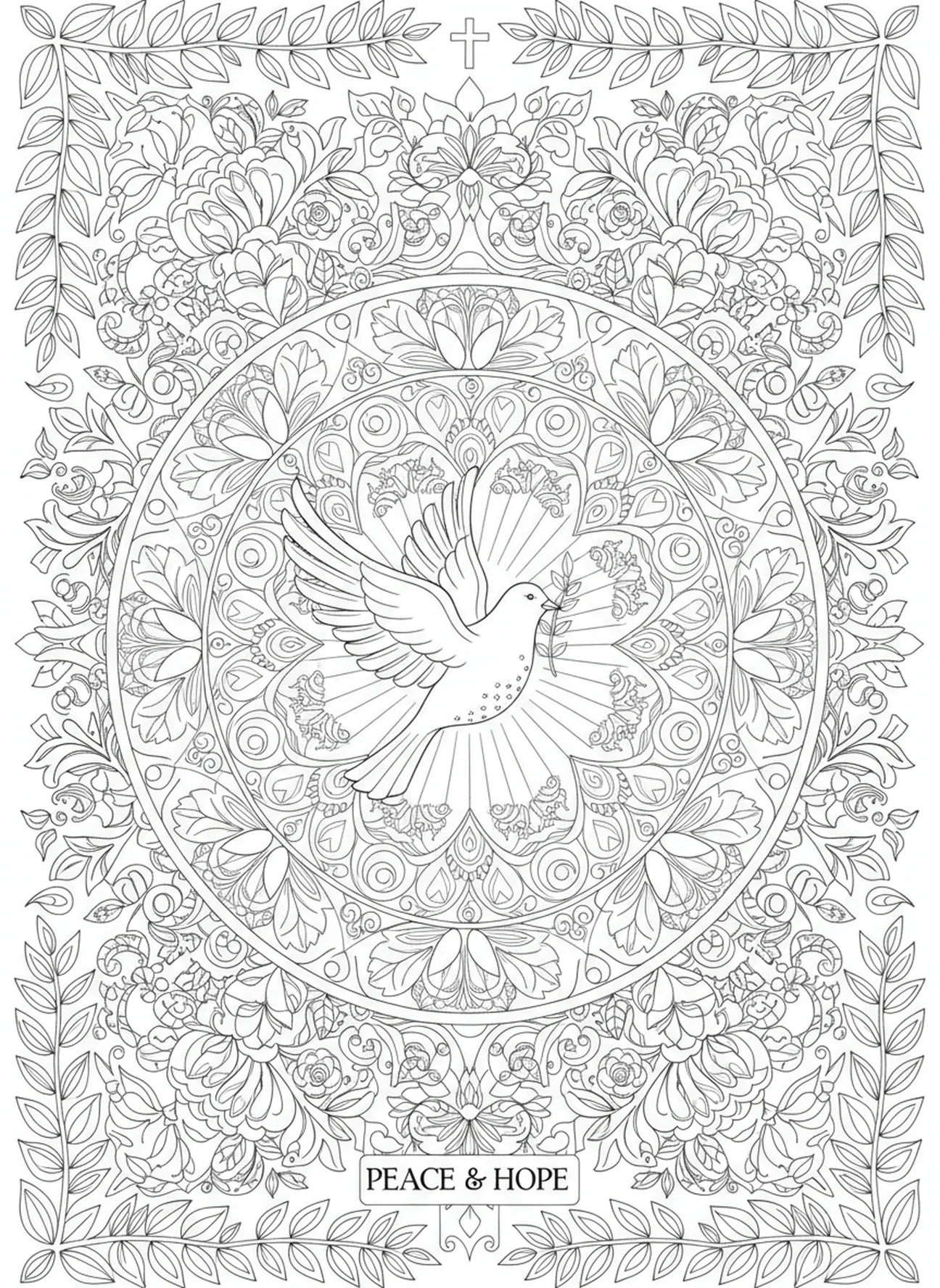 Colombe portant une branche d'olivier, Matthieu 5:10 Coloriage pour adultes dans un style de journal biblique.