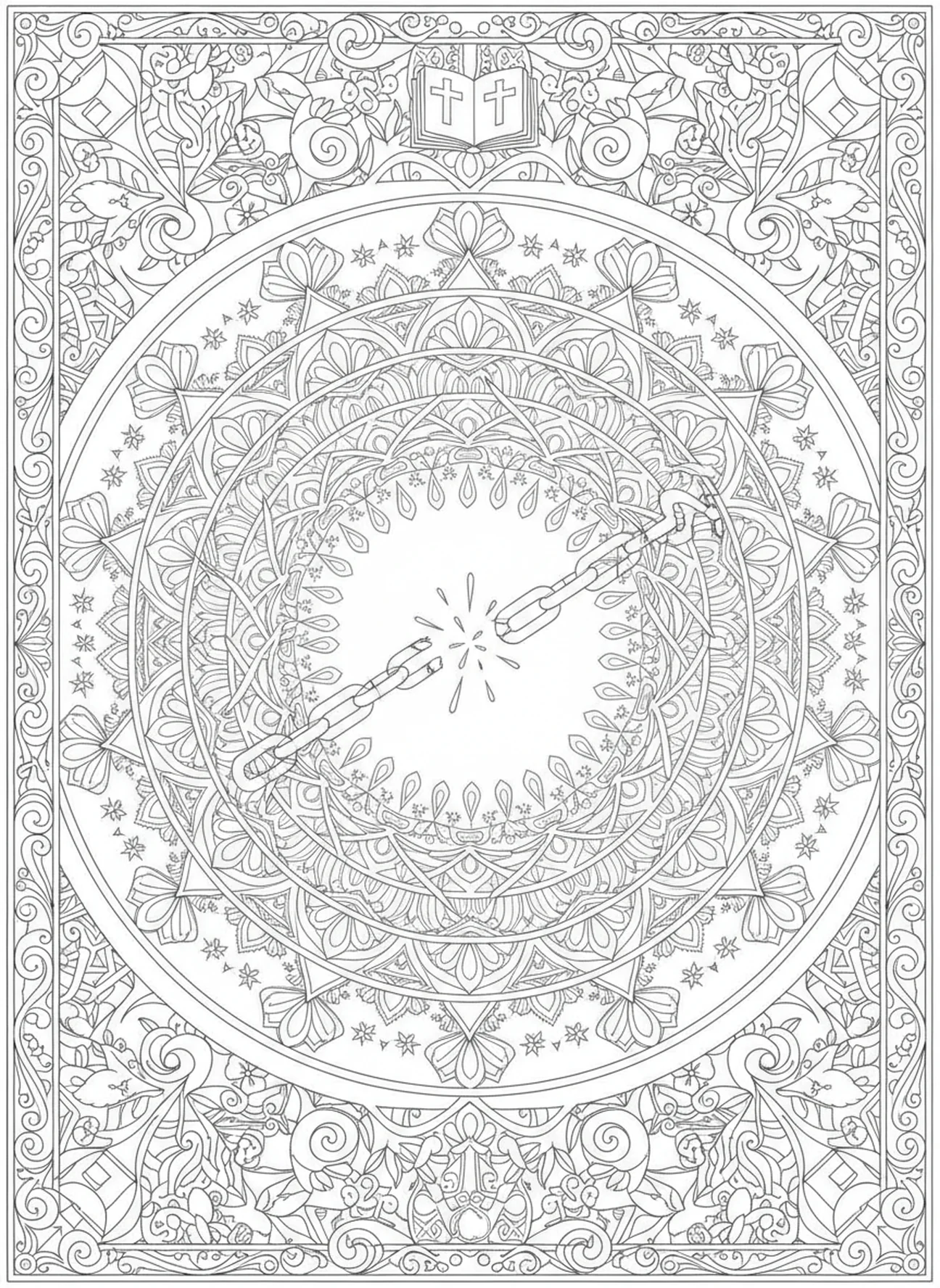 Chaîne brisée symbolisant la liberté, Matthieu 5:10 Page à colorier pour adultes dans un style de journal biblique.