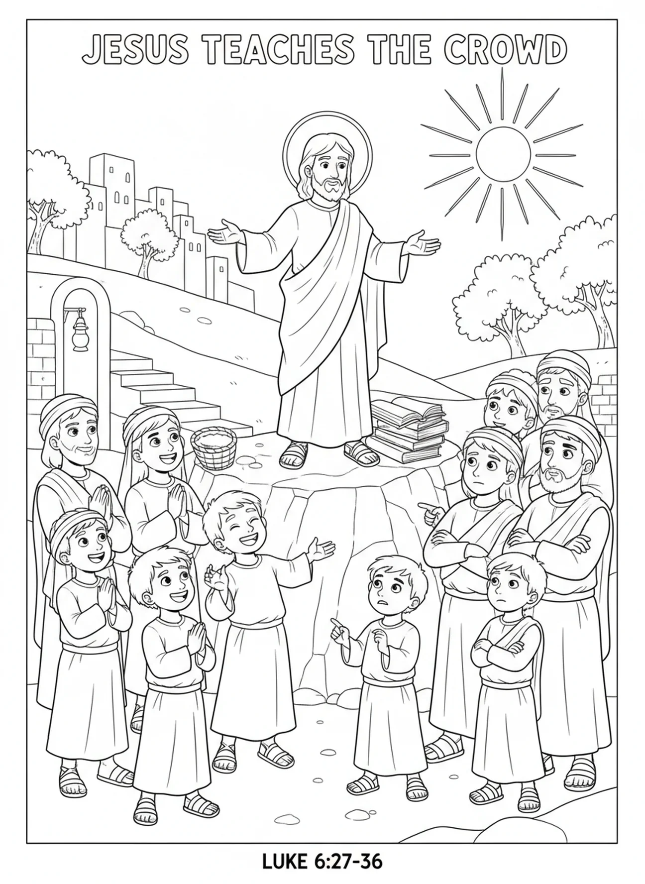 Członkowie tłumu reagują, Mateusz 5:10 Kolorowanka dla dzieci w katechezie w wieku 5-12 lat.