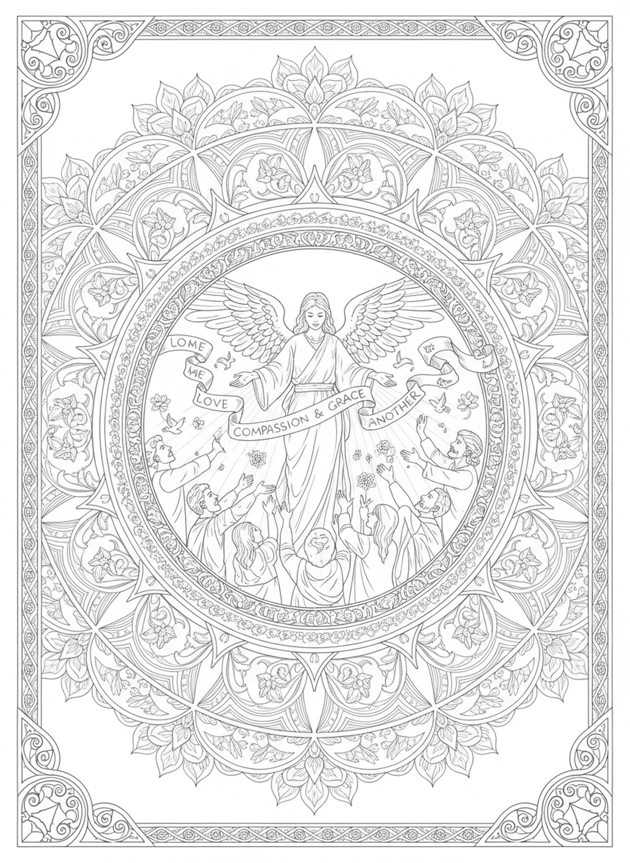 Figure angélique de miséricorde, Matthieu 5:3 Bienheureux les pauvres en esprit page à colorier pour adultes dans un style de journal biblique