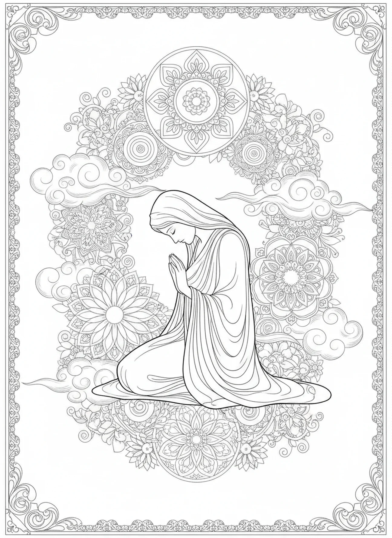 Figure agenouillée dans l'humilité, Matthieu 5:3 Heureux les pauvres en esprit page à colorier pour adultes dans un style de journal biblique