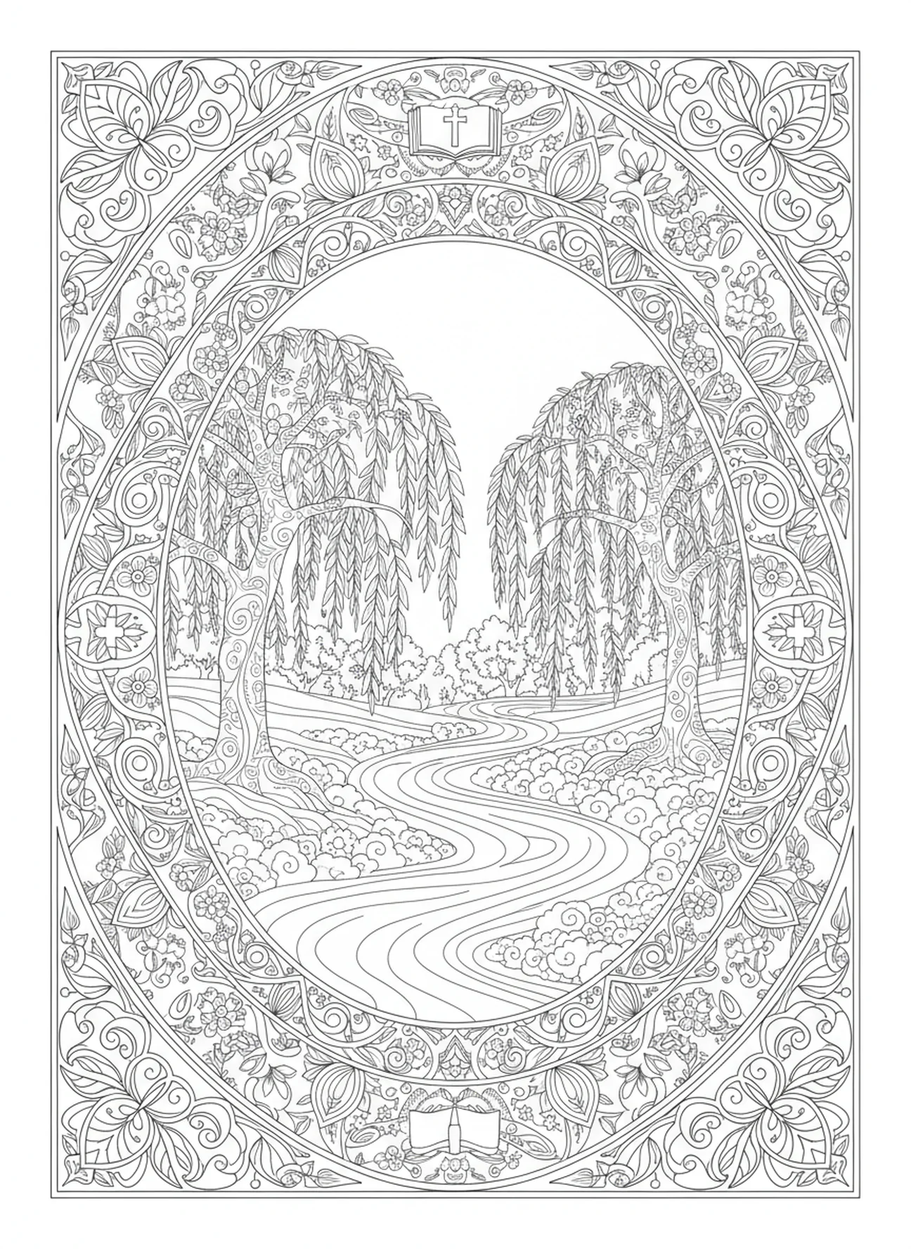 Paysage serein avec un ruisseau, page à colorier Matthieu 5:3 Heureux les pauvres en esprit pour adultes dans le style du journal biblique