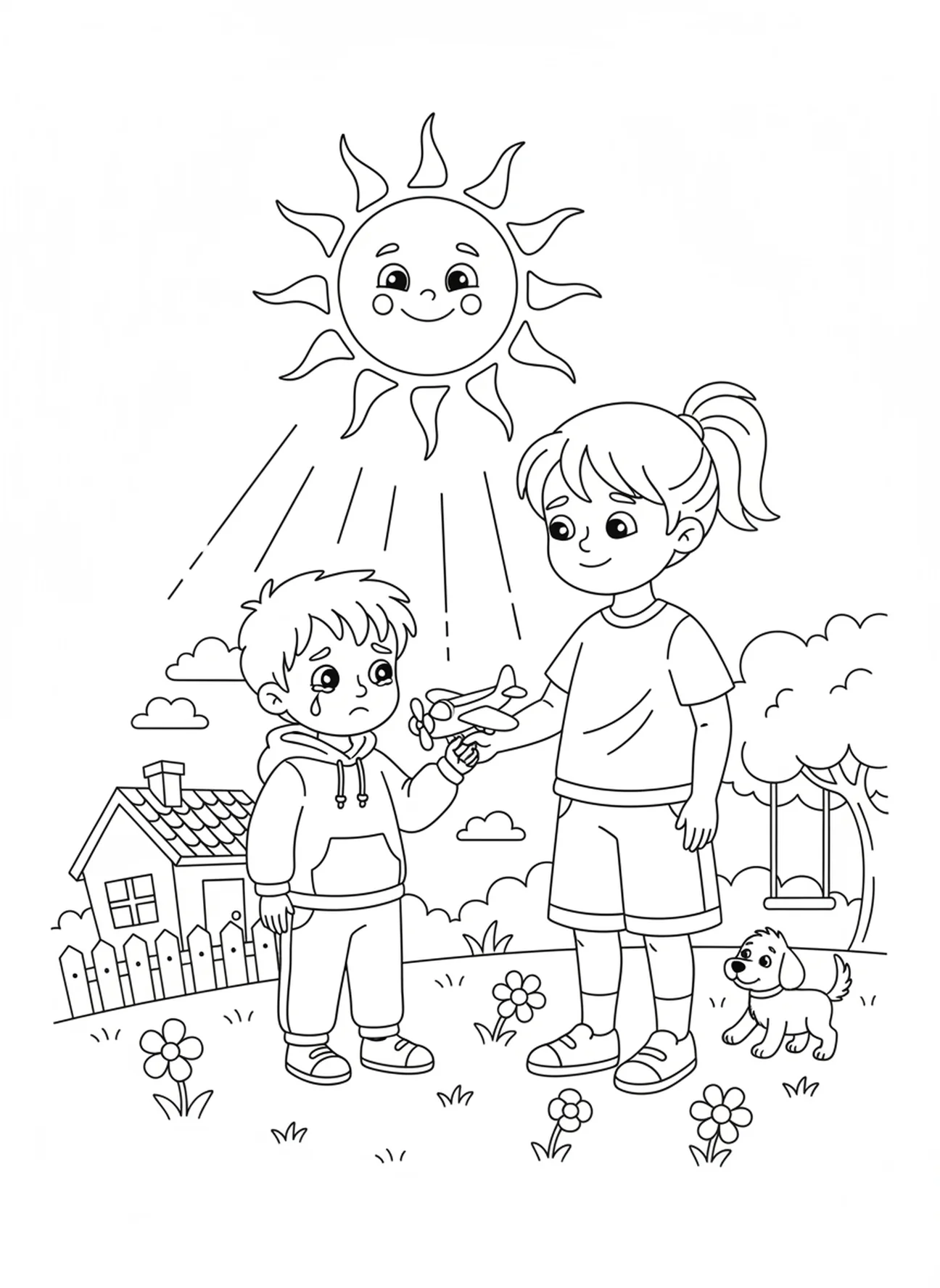 Niño ayudando a otro niño, Mateo 5:3 Bienaventurados los pobres en espíritu, página para colorear para niños de 5 a 10 años.