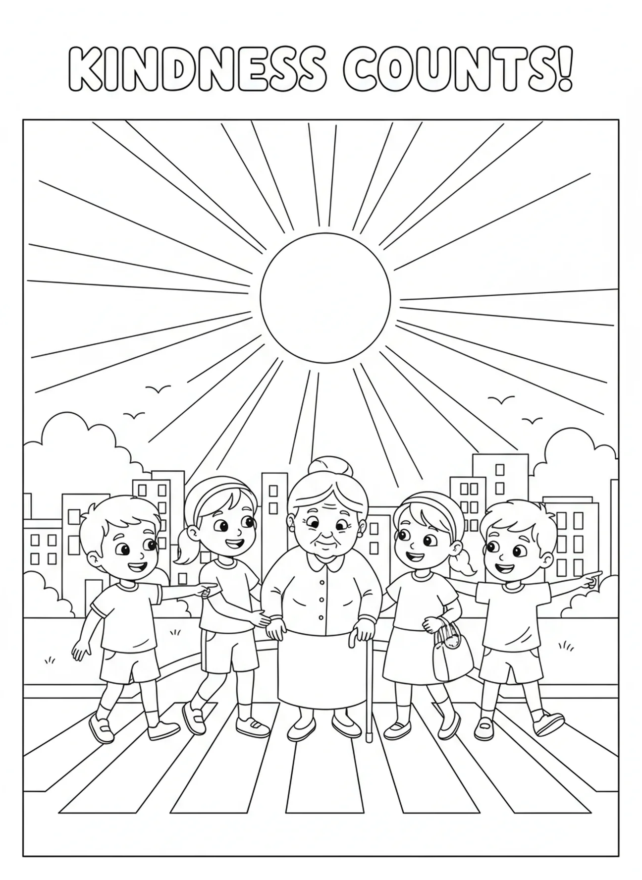 Niños ayudando a una persona anciana, Mateo 5:3 Bienaventurados los pobres en espíritu, página para colorear para niños de 5 a 10 años.