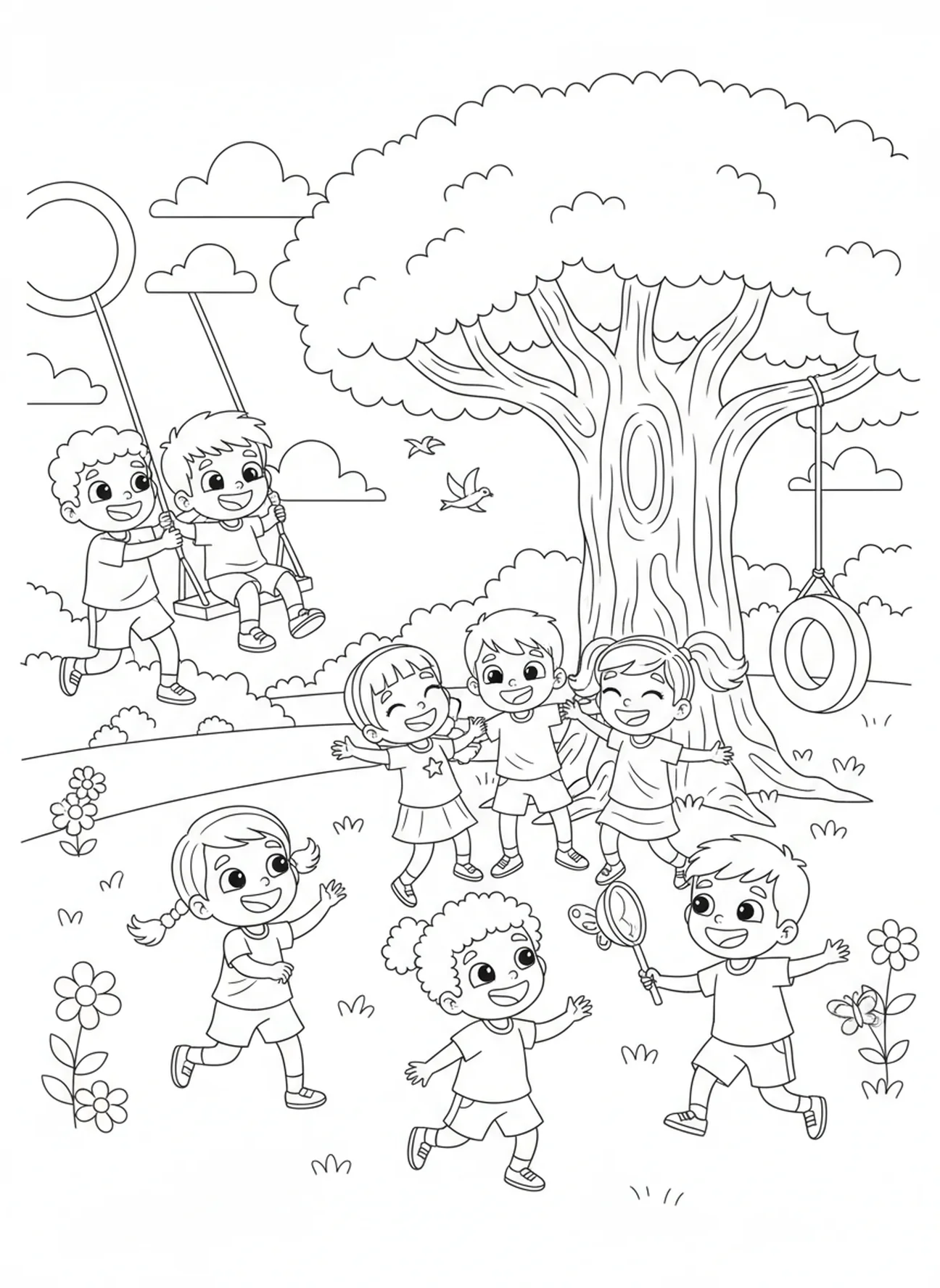 Niños jugando juntos en un parque, Mateo 5:3 Bienaventurados los pobres en espíritu página para colorear para niños de 5 a 10 años.