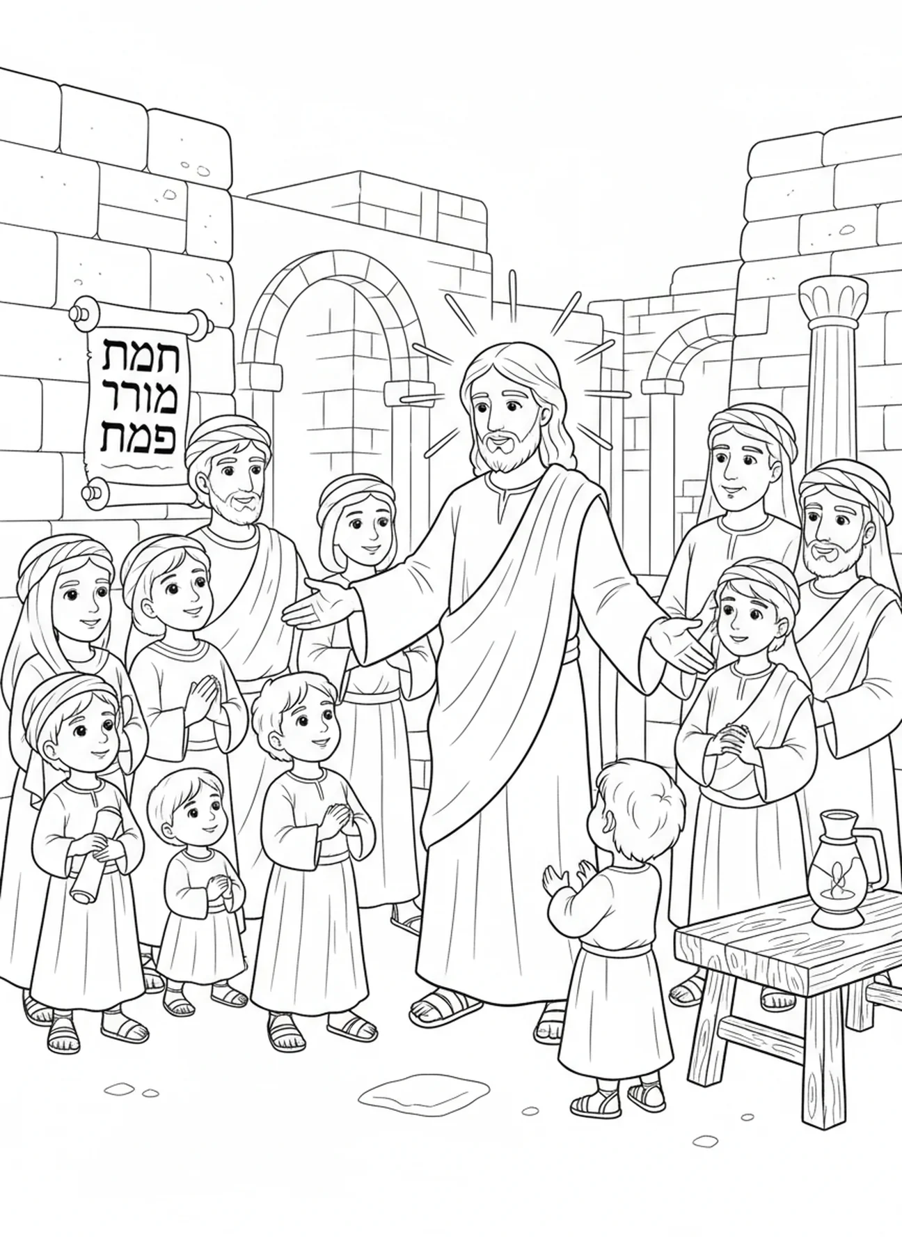 Jésus bénissant la foule humble, Matthieu 5:3 Page à colorier pour les enfants de l'École du dimanche âgés de 5 à 12 ans.