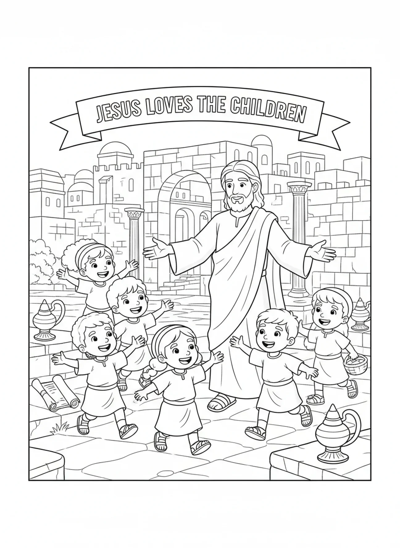 Enfants s'approchant de Jésus, page à colorier sur Matthieu 5:3 Heureux les pauvres en esprit pour l'École du dimanche, enfants de 5 à 12 ans.