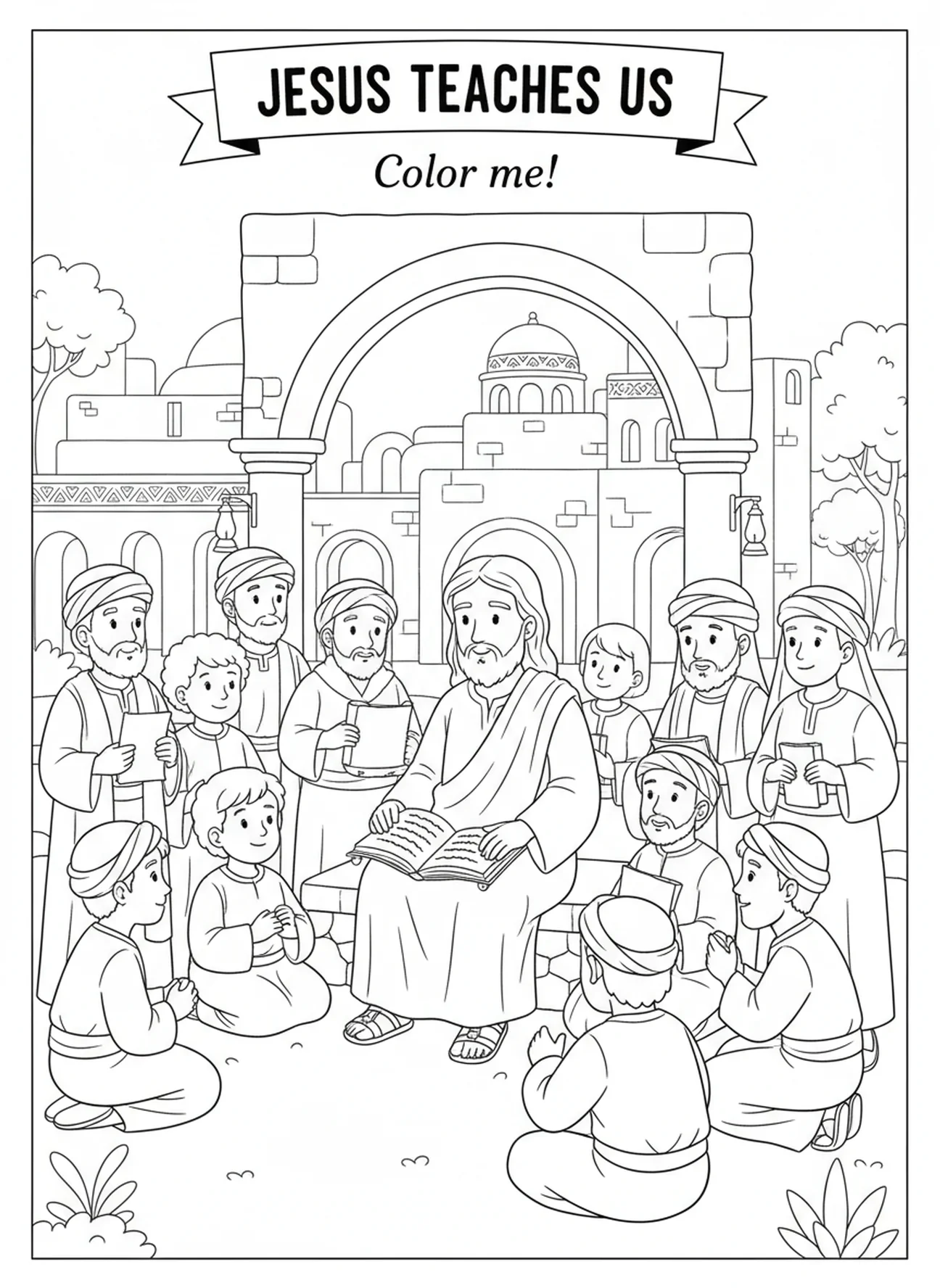 Jésus avec Ses disciples, Matthieu 5:3 Bienheureux les pauvres en esprit page à colorier pour les enfants de l'École du dimanche âgés de 5 à 12 ans.