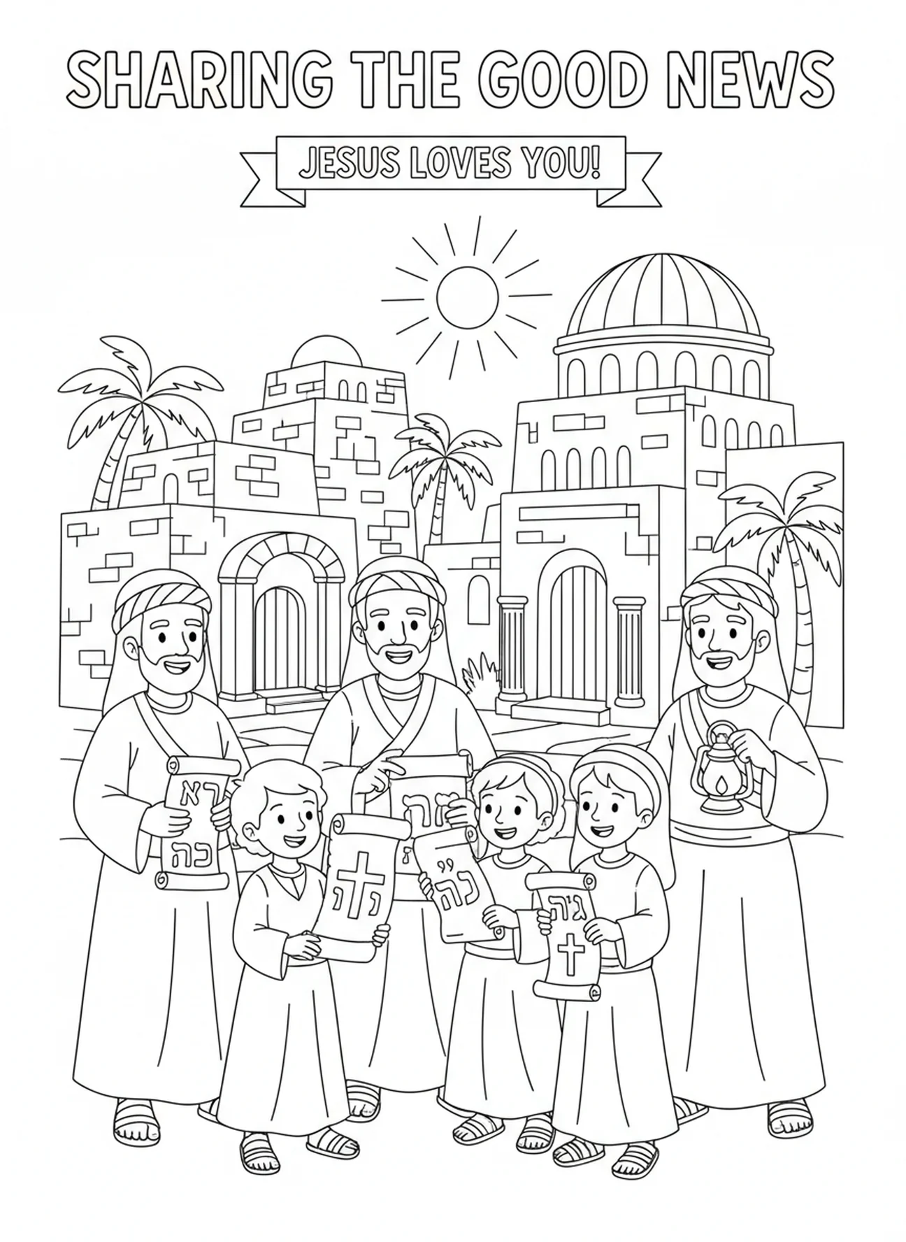 Des personnes partageant le message de Jésus, page à colorier Matthieu 5:3 Heureux les pauvres en esprit pour les enfants de l'École du dimanche âgés de 5 à 12 ans.