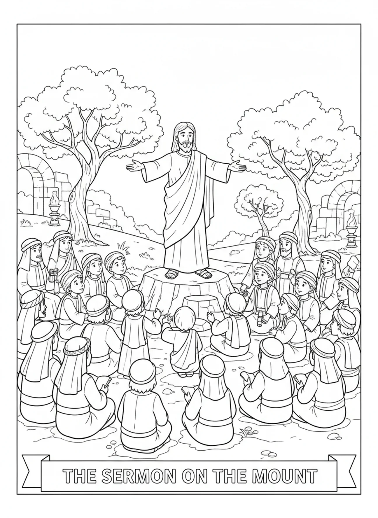 Jésus sur la montagne délivrant le sermon, Matthieu 5:3 Heureux les pauvres en esprit page à colorier pour les enfants de l'École du dimanche âgés de 5 à 12 ans.