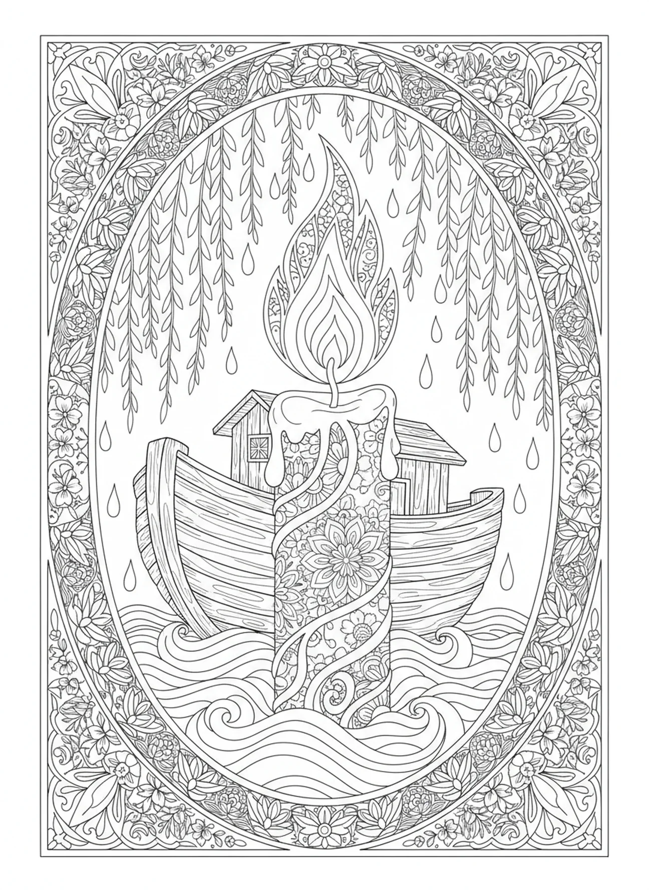 Candleiro ornamentado com chamas, Mateus 5:4 Página para colorir sobre o luto para adultos no estilo de journaling bíblico.