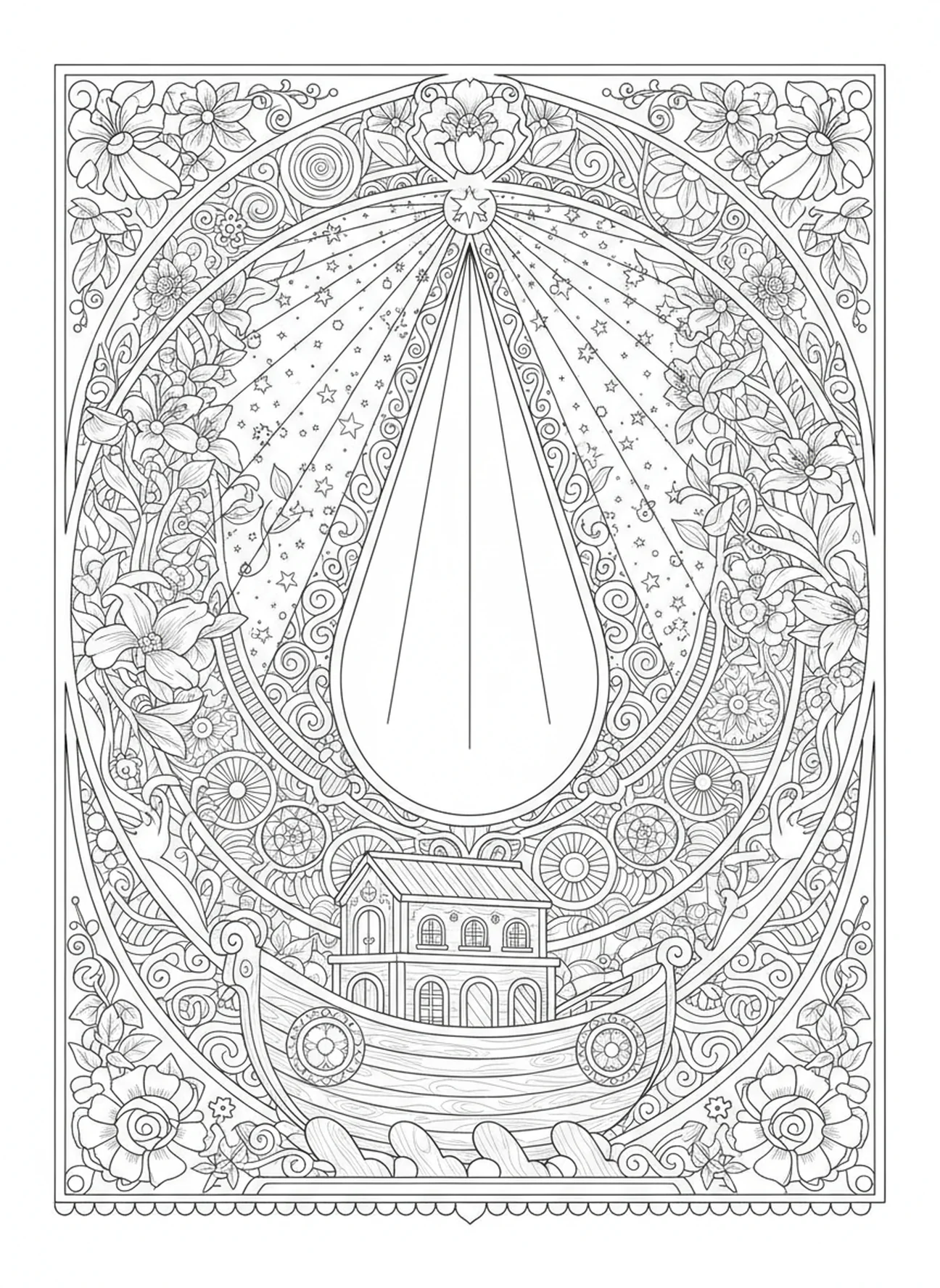 Desenho em forma de lágrima com raios de luz, Mateus 5:4 Página para colorir de luto para adultos no estilo de journaling bíblico.