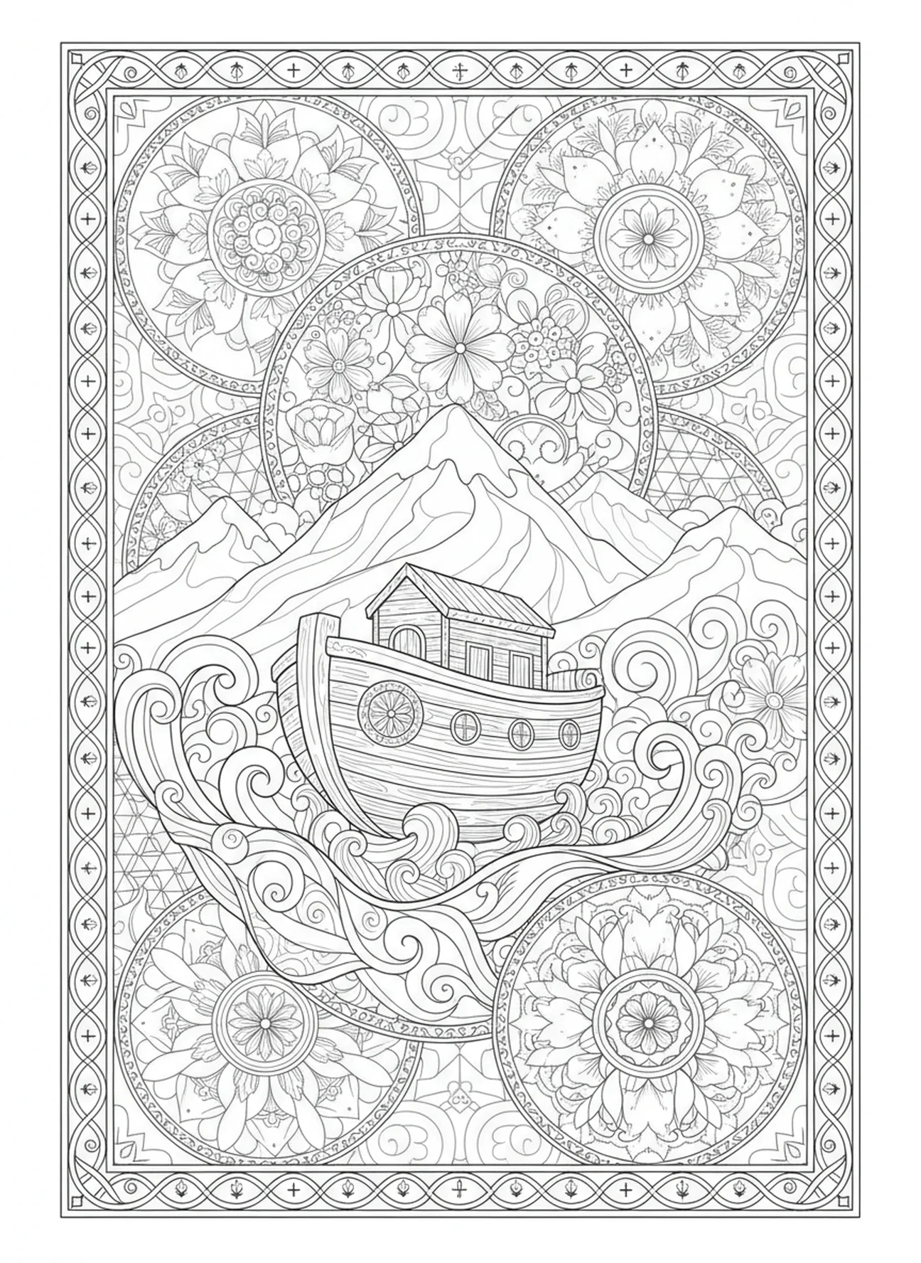 Cenário de montanha com a arca, Mateus 5:4 Página para colorir de luto para adultos no estilo de journaling bíblico.
