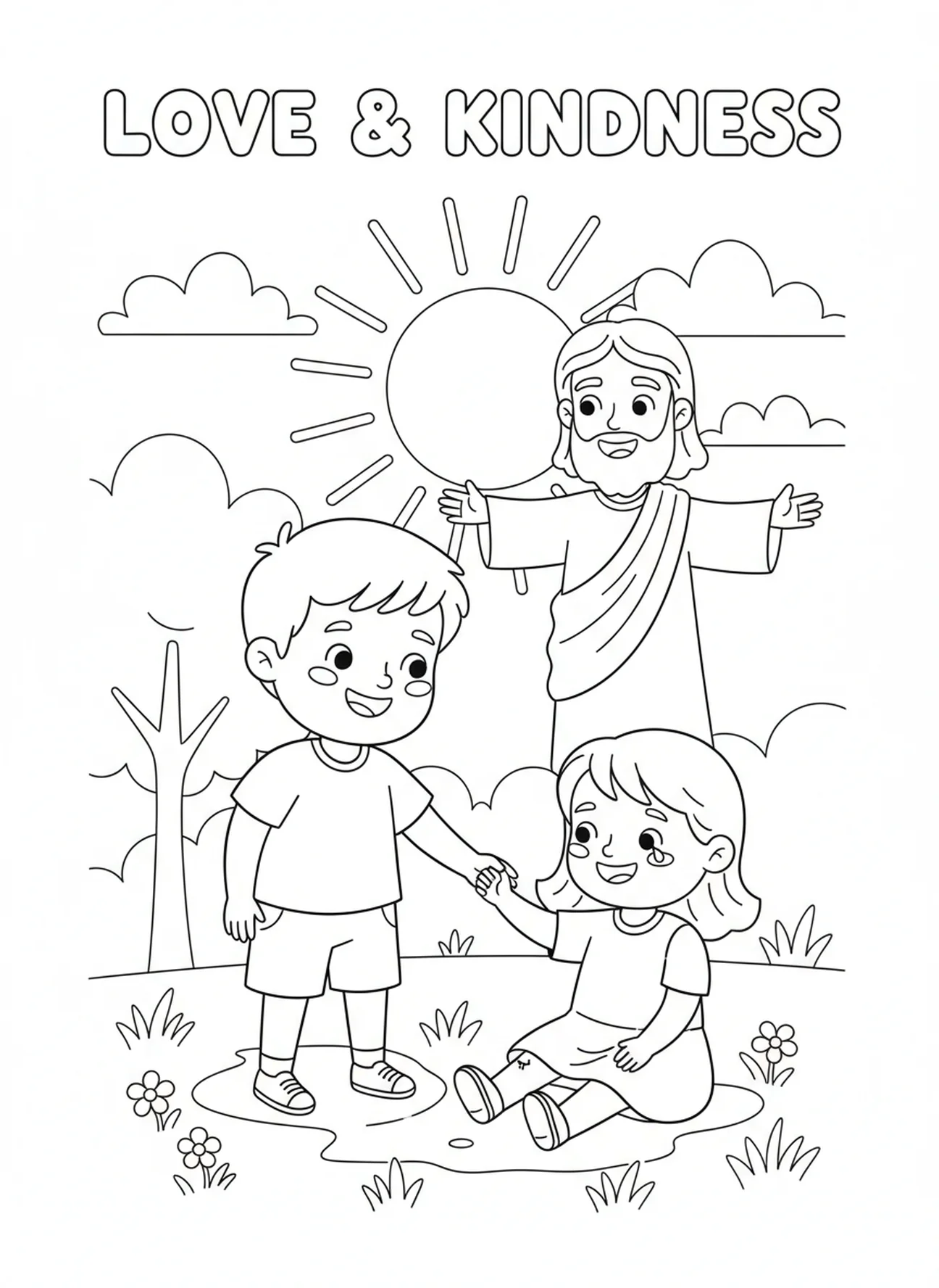 Enfant aidant un autre enfant, Matthieu 5:6 Page à colorier sur la justice pour les enfants de 5 à 10 ans