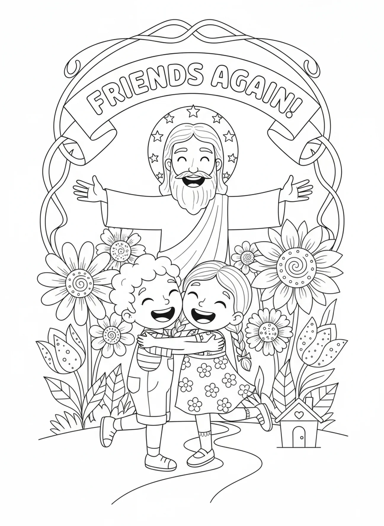 Enfants se pardonnant mutuellement, page à colorier sur la justice Matthieu 5:6 pour les enfants de 5 à 10 ans