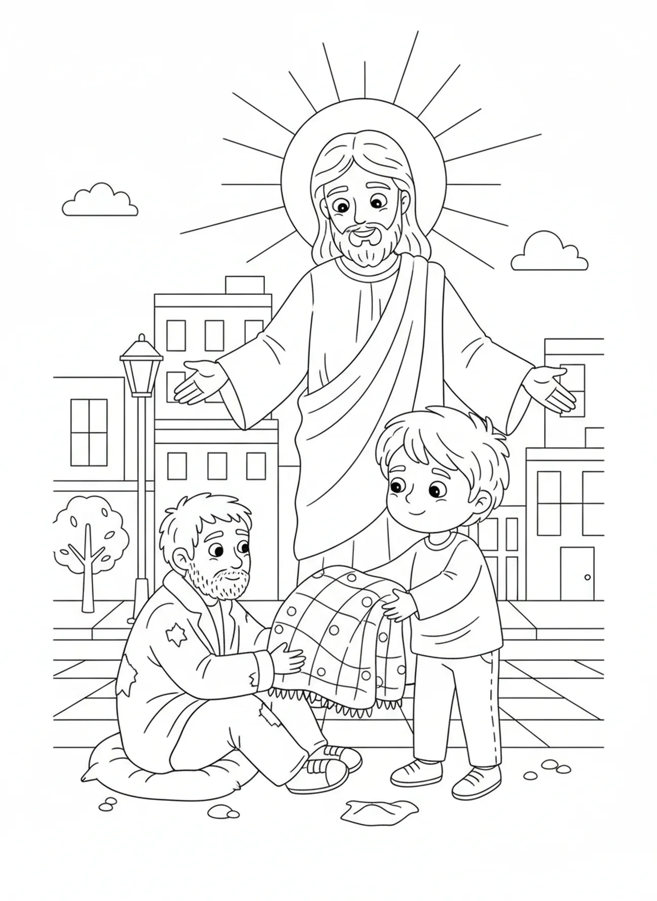 Enfant offrant une couverture, Matthieu 5:6 page à colorier sur la justice pour les enfants de 5 à 10 ans