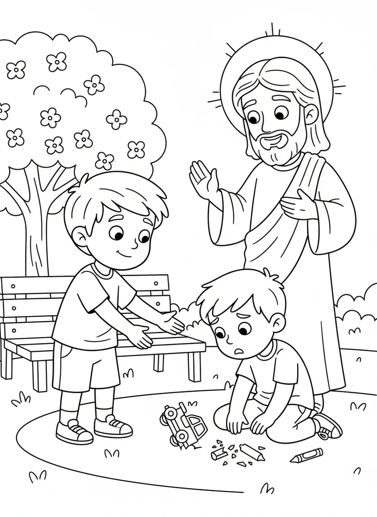 Enfant aidant un ami peu aimable, page à colorier sur la justice Matthieu 5:6 pour les enfants de 5 à 10 ans