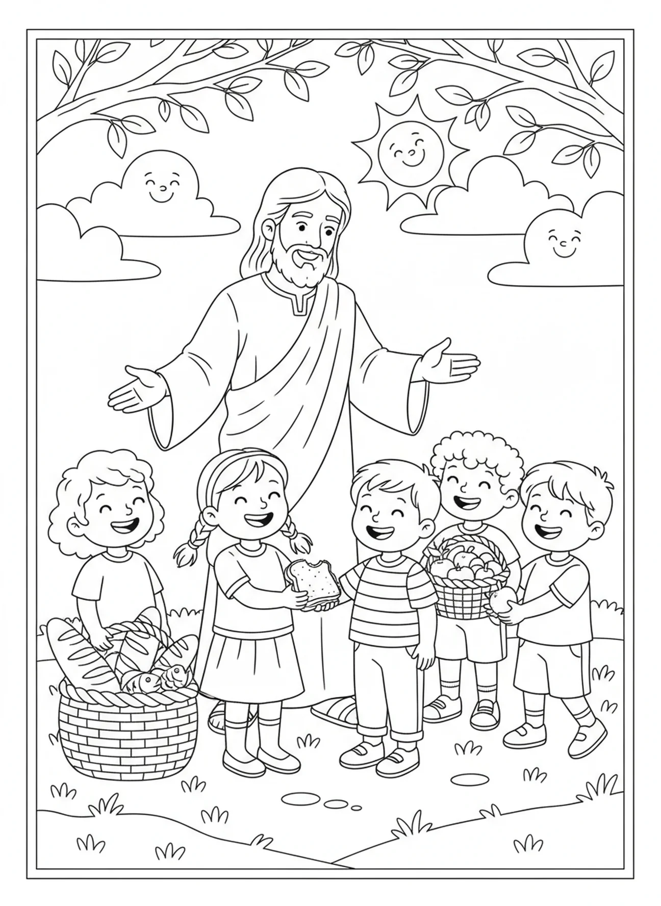 Enfants partageant de la nourriture, Matthieu 5:6 page à colorier sur la justice pour les enfants de 5 à 10 ans