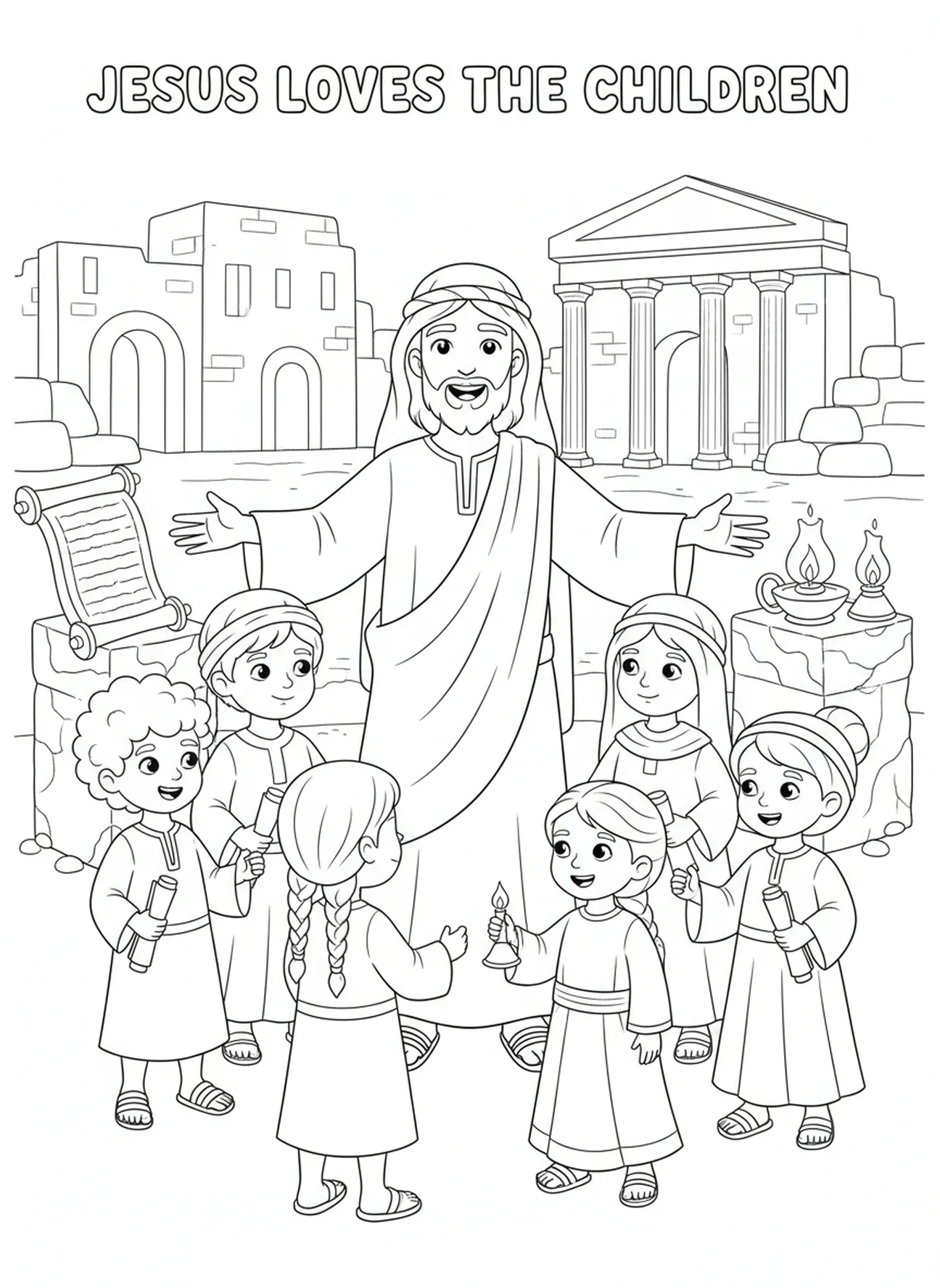 Niños reunidos alrededor de Jesús, Mateo 5:6 página para colorear sobre la justicia para niños de Escuela Dominical de 5 a 12 años