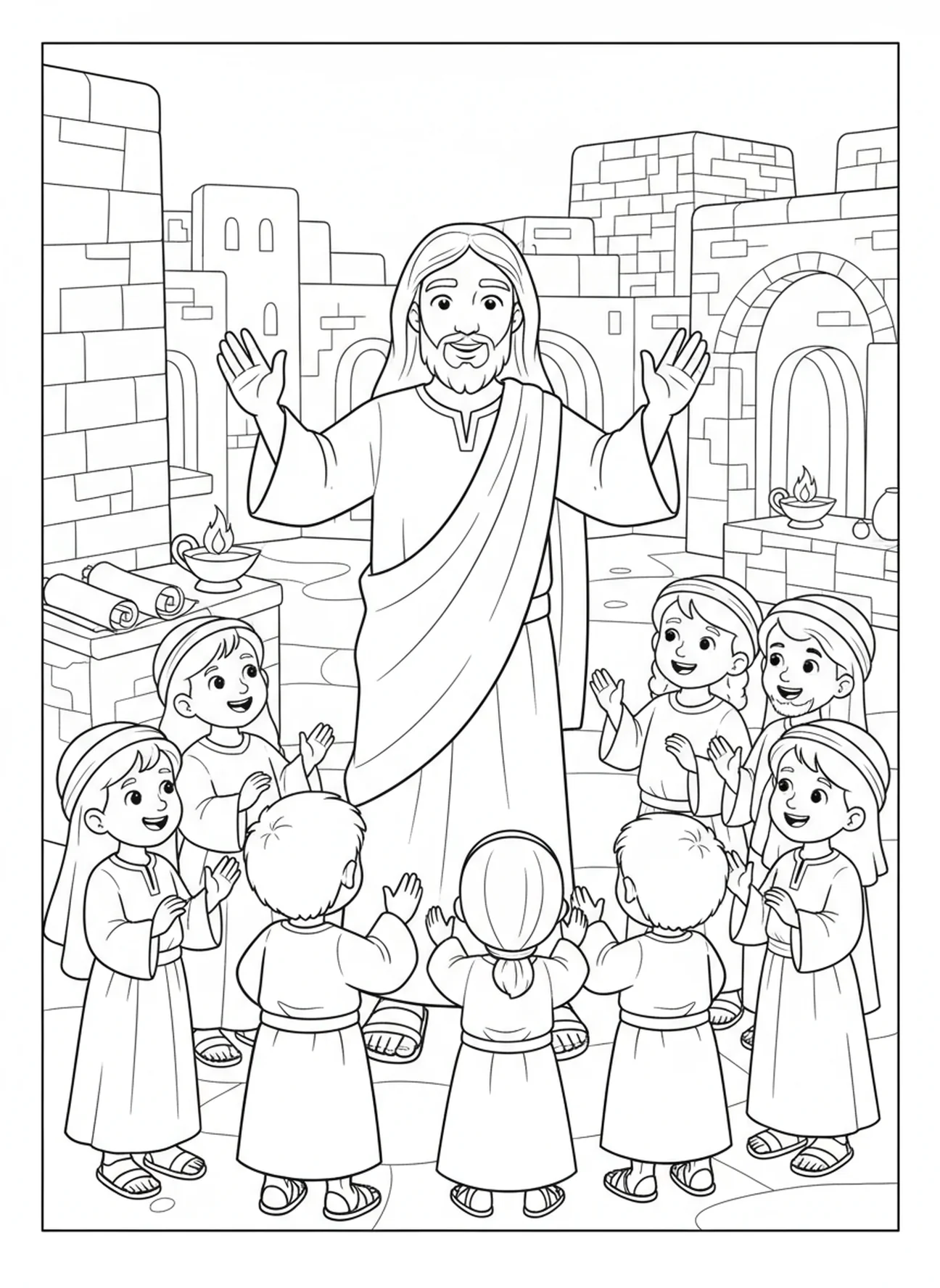 Jesús bendiciendo a la multitud, Mateo 5:6 Página para colorear de la justicia para niños de Escuela Dominical de 5 a 12 años