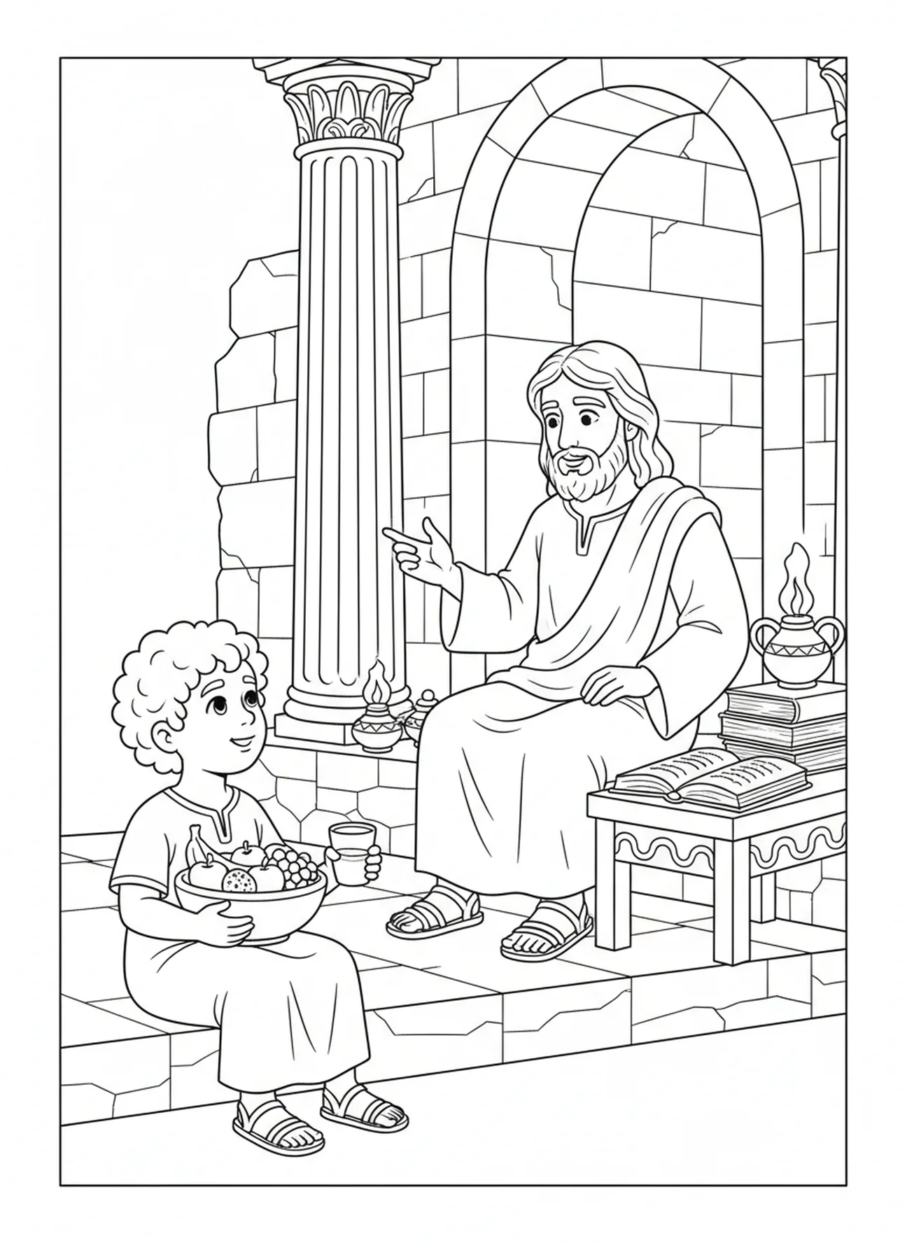Niño con un tazón de frutas, Mateo 5:6 Página para colorear sobre la justicia para niños de Escuela Dominical de 5 a 12 años