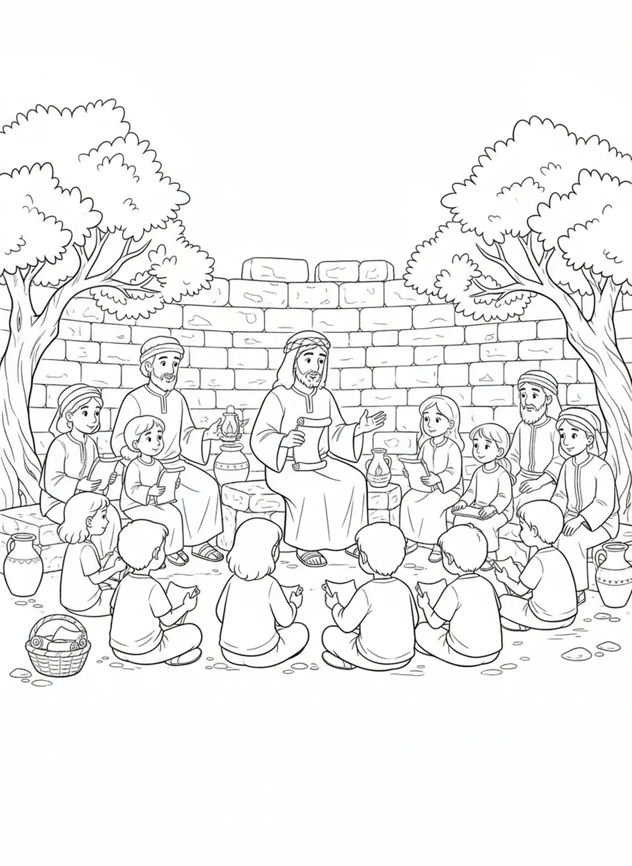 Grupo diverso escuchando a Jesús, Mateo 5:6 página para colorear sobre la justicia para niños de Escuela Dominical de 5 a 12 años