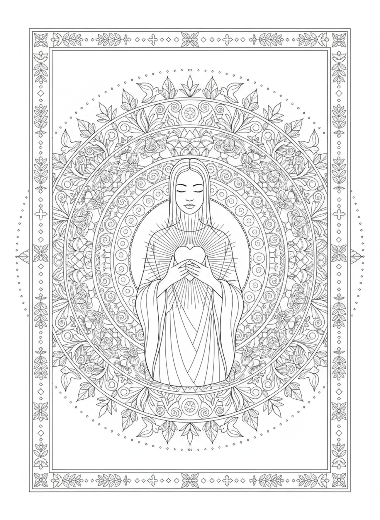 Figura serena com coração radiante, Mateus 5:8 Página para colorir Coração Puro estilo de diário bíblico para adultos.