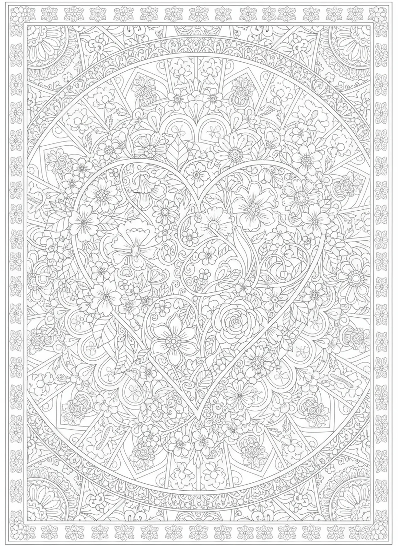 Coração intricado com vinhas e flores, Mateus 5:8 página para colorir Coração Puro no estilo de journaling bíblico para adultos.
