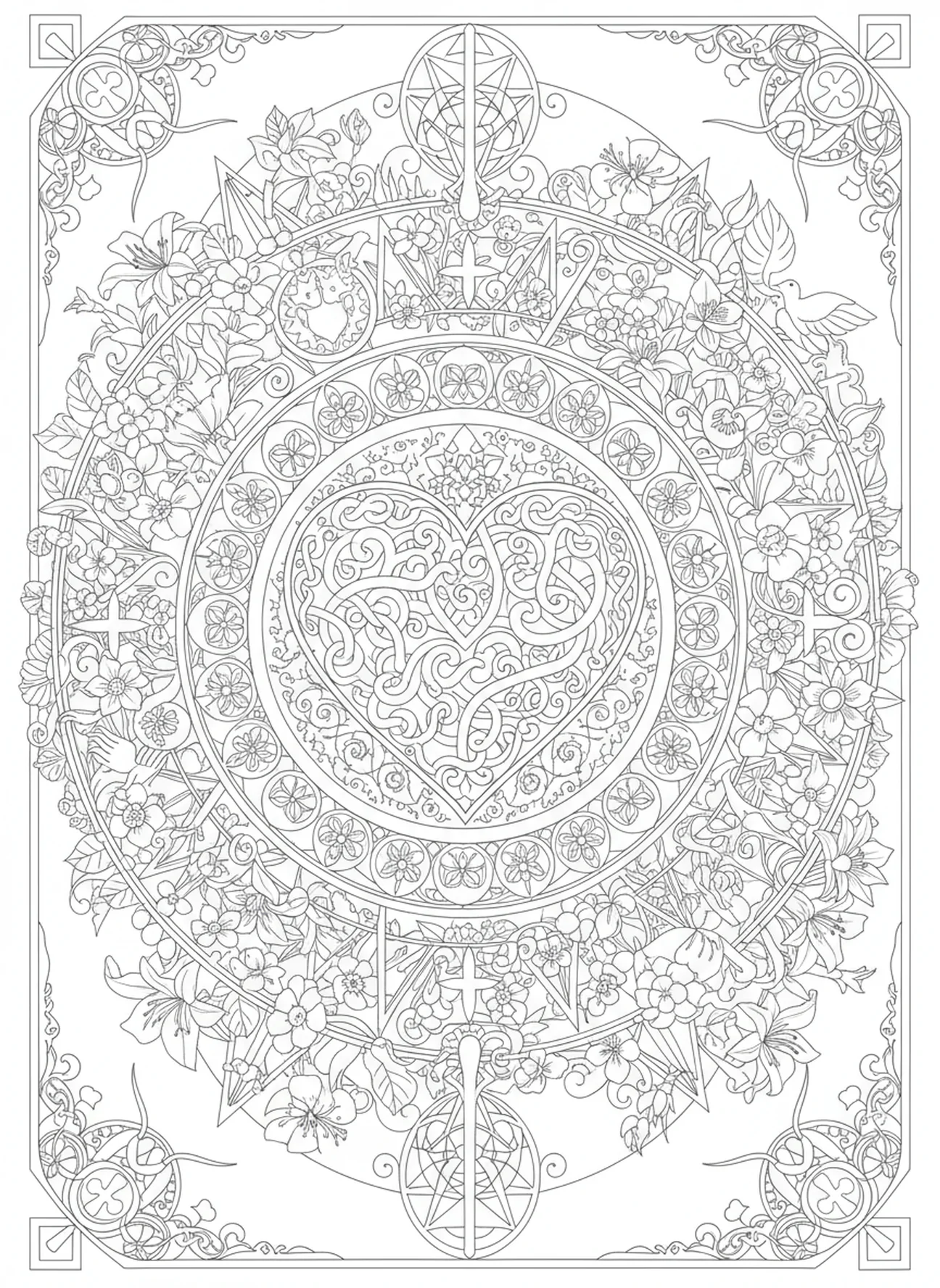 Mandala complexa com um coração central, página para colorir do coração puro, estilo de journaling bíblico para adultos.