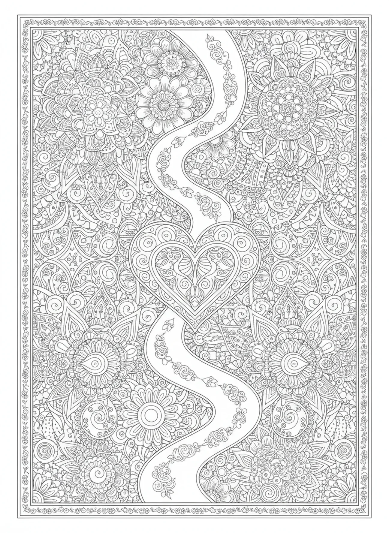 Caminho sinuoso levando a um coração com designs intrincados, Mateus 5:8 Página para colorir Coração Puro no estilo de journaling bíblico para adultos.