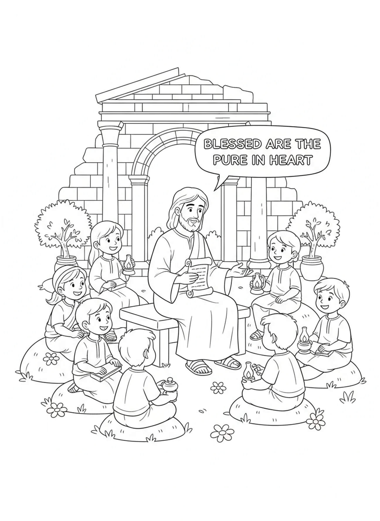 Crianças ouvindo Jesus, Mateus 5:8 página para colorir sobre Coração Puro para crianças da Escola Dominical de 5 a 12 anos.