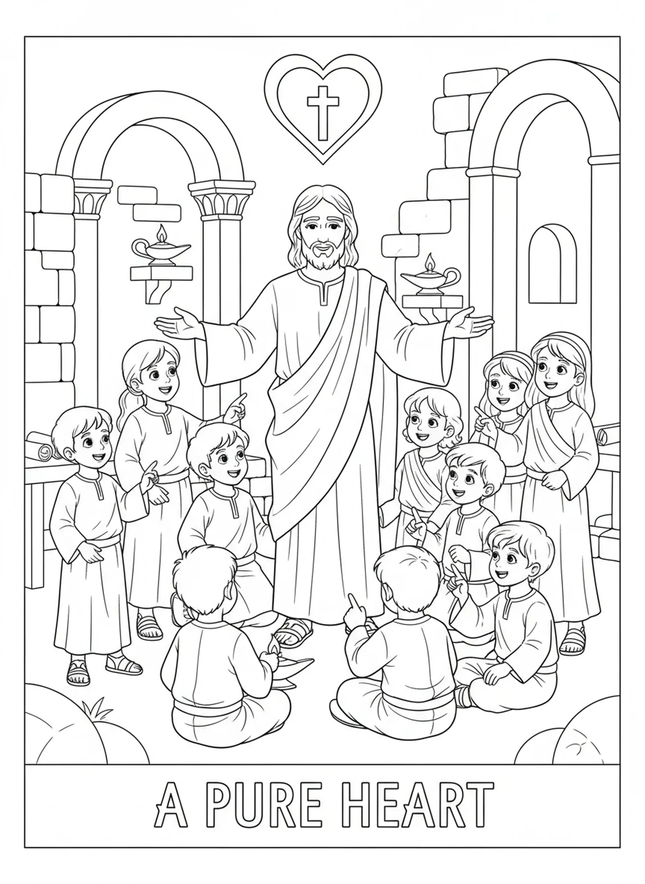 Coração simbolizando a mensagem de Jesus, Mateus 5:8 Página para colorir Coração Puro para crianças da Escola Dominical de 5 a 12 anos.
