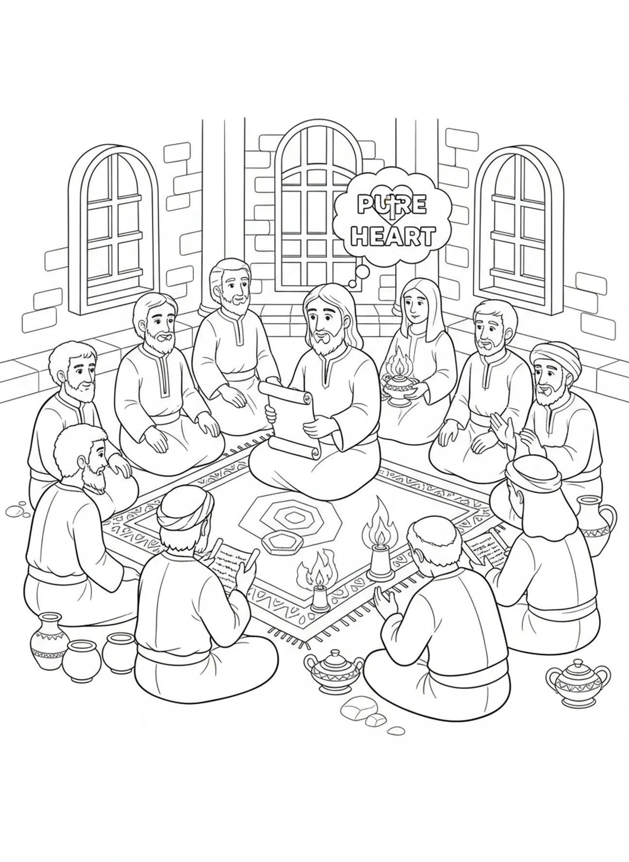 Jesus com seus discípulos, Mateus 5:8 Página para colorir Coração Puro para crianças da Escola Dominical de 5 a 12 anos.
