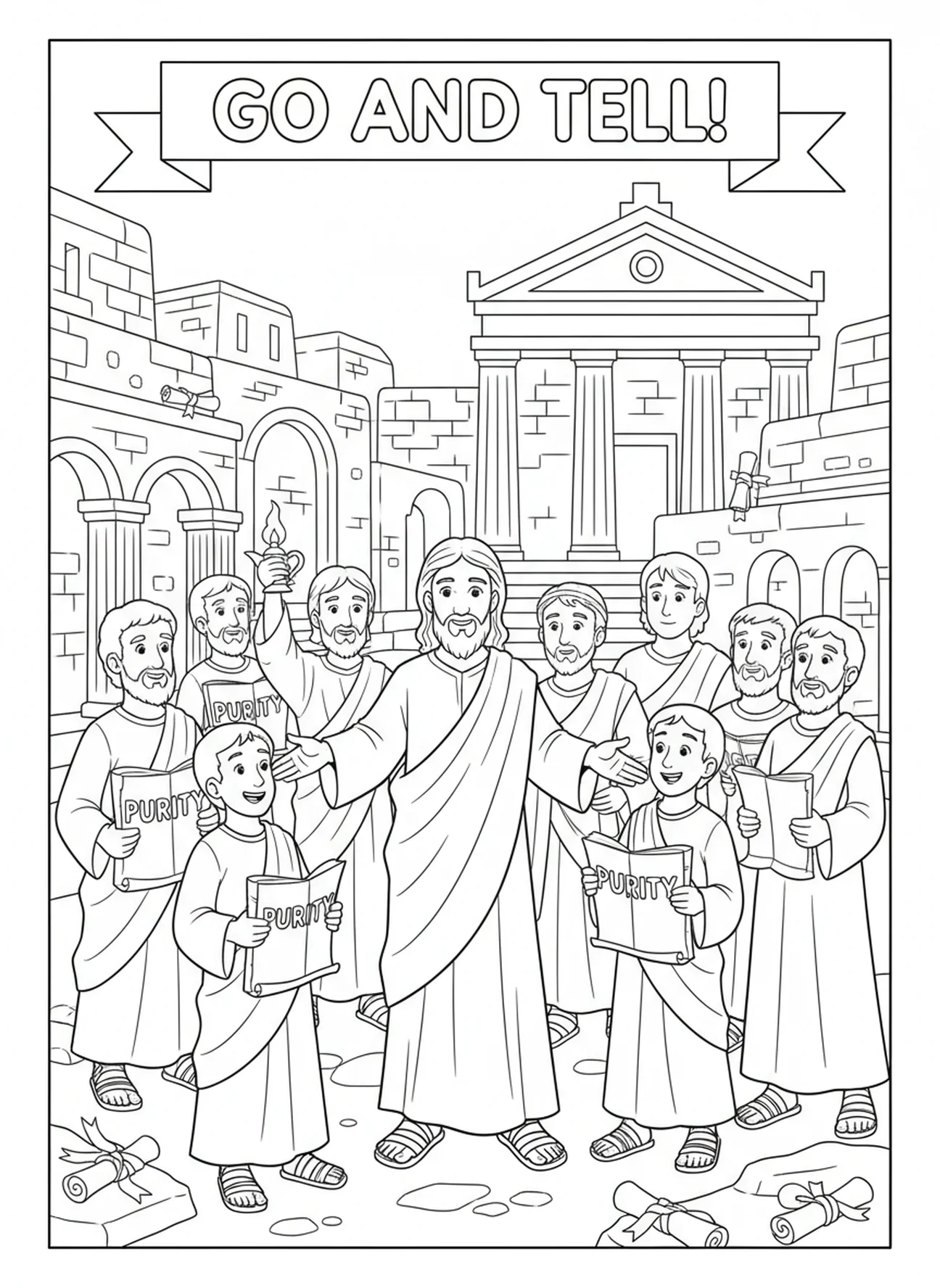 Jesus enviando seus discípulos, Mateus 5:8 Página para colorir Coração Puro para crianças da Escola Dominical de 5 a 12 anos.