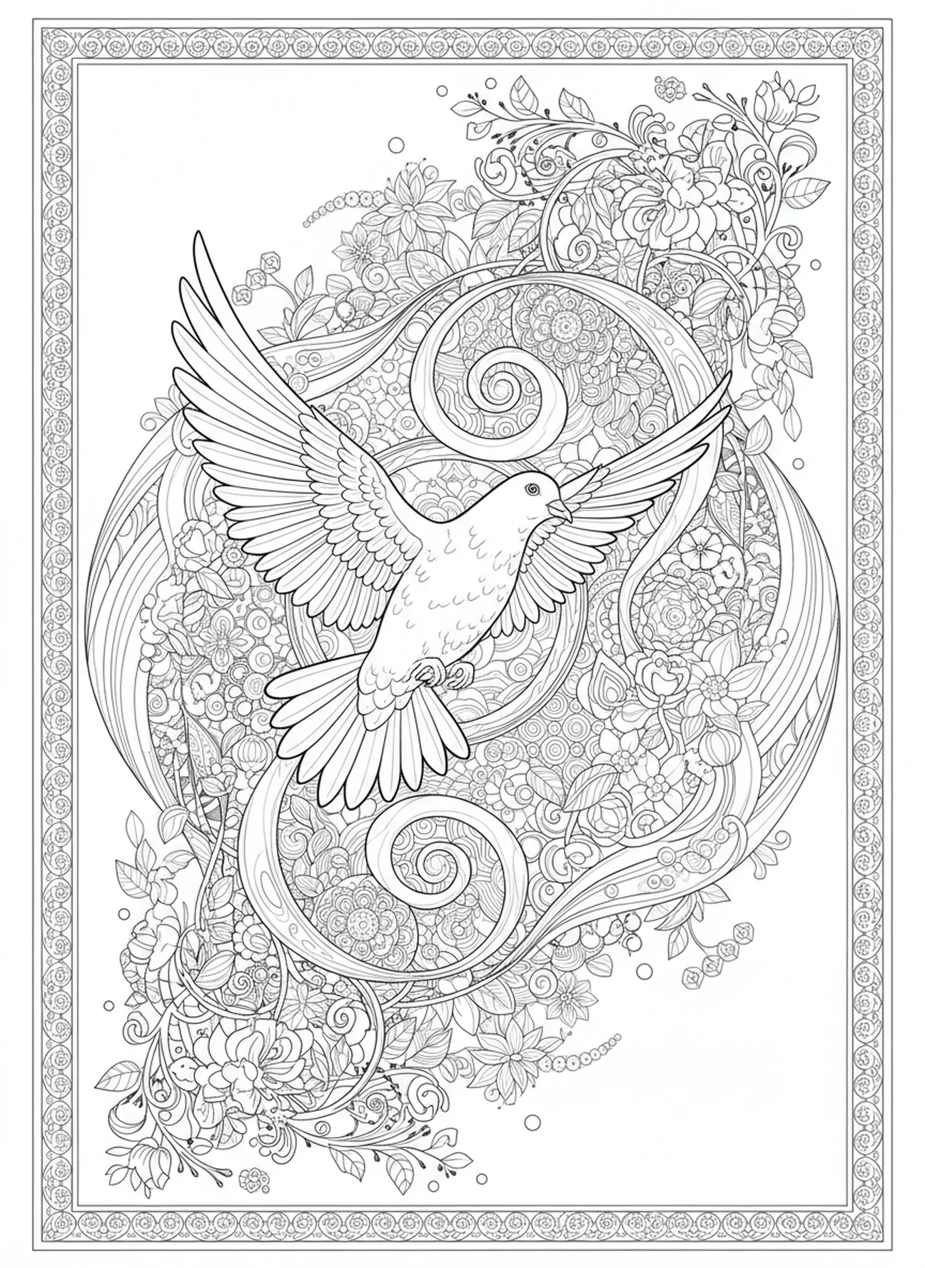 Paloma en vuelo con patrones en espiral, Mateo 5:9 página para colorear de pacificadores estilo journaling bíblico para adultos