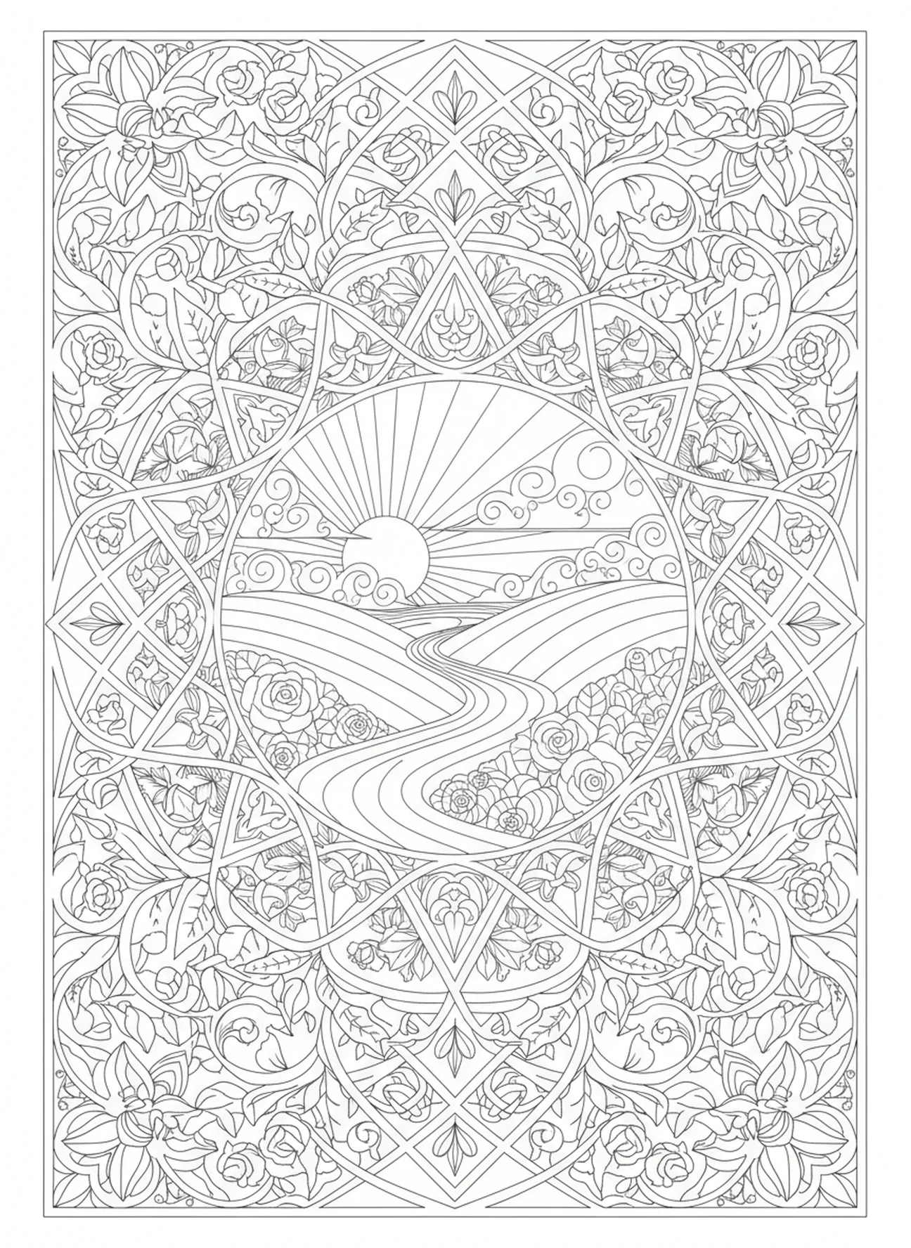 Paisaje sereno con colinas y río, Mateo 5:9 página para colorear de pacificadores estilo journaling bíblico para adultos