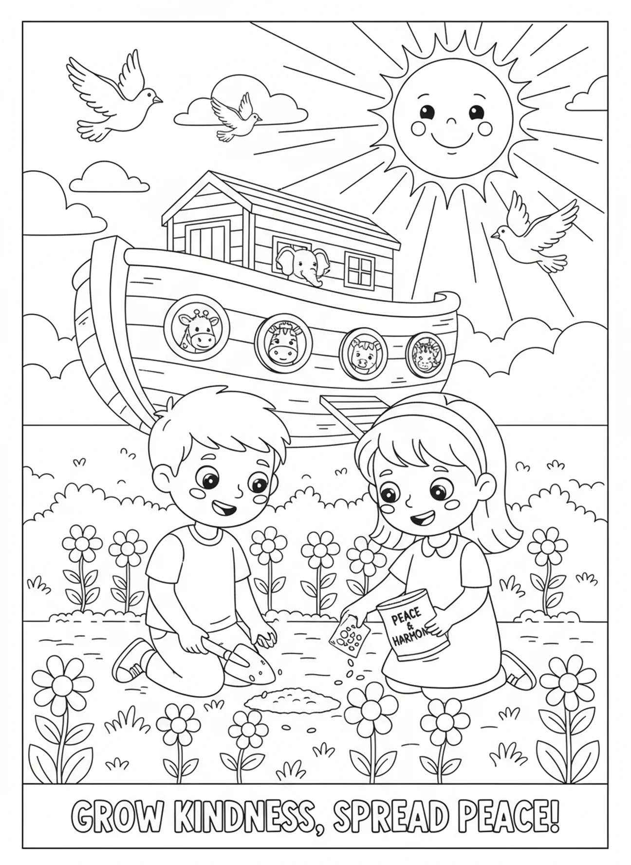 Zwei Kinder pflanzen Samen in einem Garten, Matthäus 5,9 Friedensstifter Malvorlage für Kinder im Alter von 5-10 Jahren