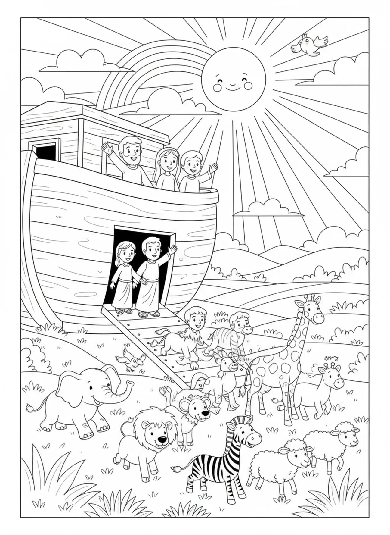 Noah, der Tiere auf dem Land freilässt, Ausmalbild aus dem Neuen Testament für Kinder im Alter von 5-10 Jahren.