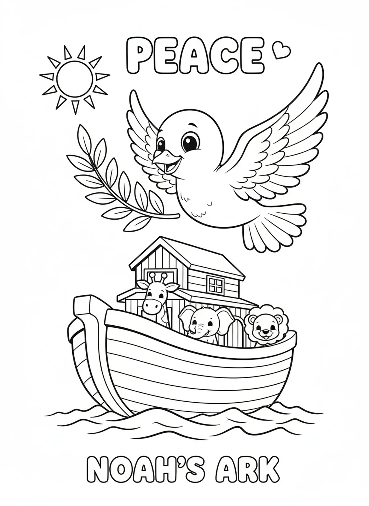 Taube fliegt mit Olivenzweig, Ausmalbild der Bibel für das Neue Testament für Kinder im Alter von 5-10 Jahren.
