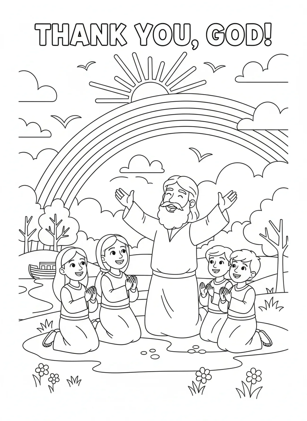 Noah dankt, Ausmalbild aus dem Neuen Testament für Kinder im Alter von 5-10 Jahren.
