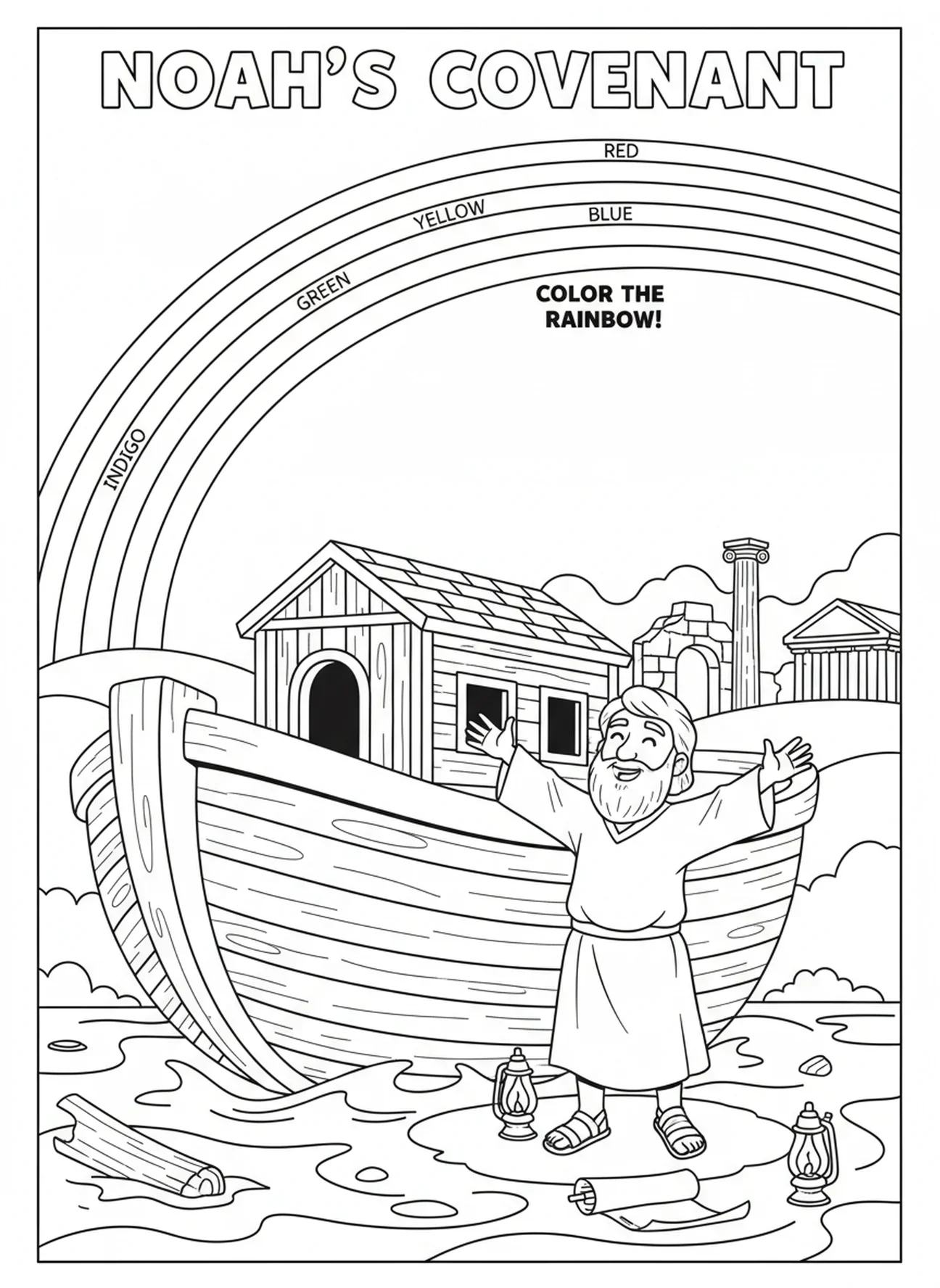 Noé na arca com arco-íris, página de colorir dos Livros da Bíblia Novo Testamento para crianças da Escola Dominical de 5 a 12 anos