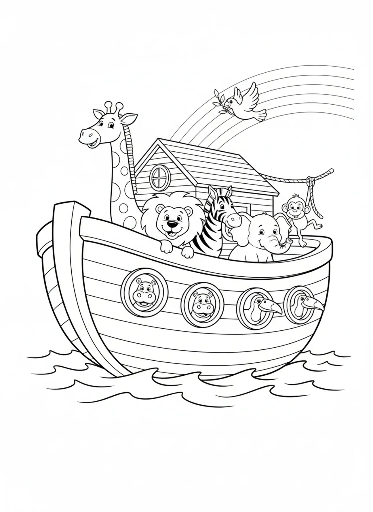 Animaux regardant par les fenêtres de l'arche, page à colorier Biblique pour enfants de 5 à 10 ans