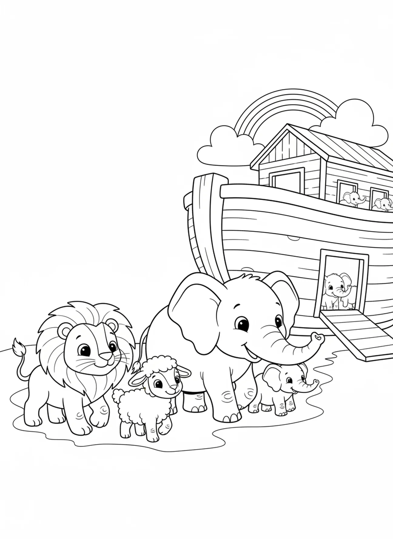 Paires d'animaux se dirigeant vers l'arche, page à colorier Biblique pour enfants de 5 à 10 ans