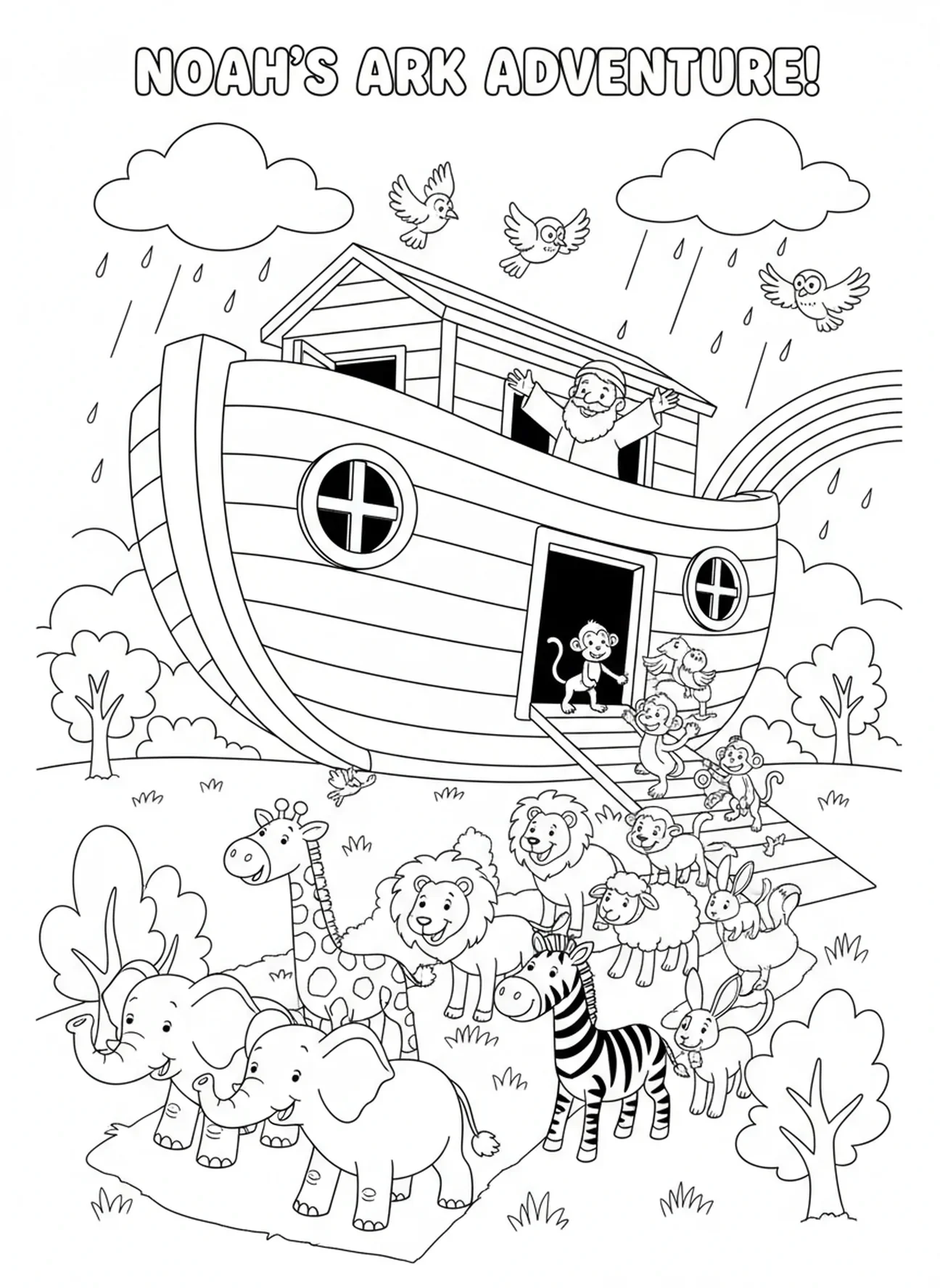 Noé accueillant les animaux sur l'arche, page à colorier Biblique pour enfants de 5 à 10 ans